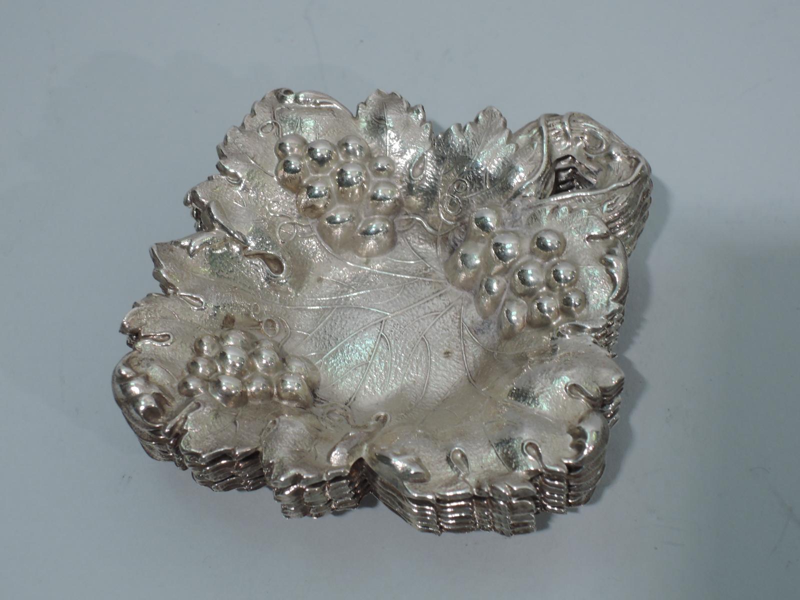 Art Nouveau Set of 6 Antique American Sterling Silver Grape and Leaf Nut Dishes For Sale
