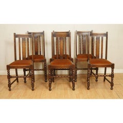 Set of 6 Antique Carved Oak Dining Chairs with Bobbin Turned Legs, circa 1920s