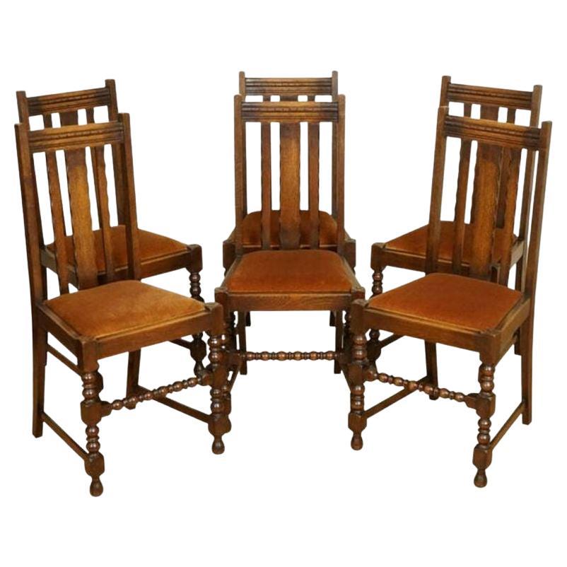 Set of 6 Antique Carved Oak Dining Chairs with Bobbin Turned Legs, circa 1920s