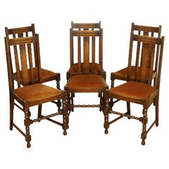 Set of 6 Vintage Carved Oak Dining Chairs with Bobbin Turned Legs, circa 1920s