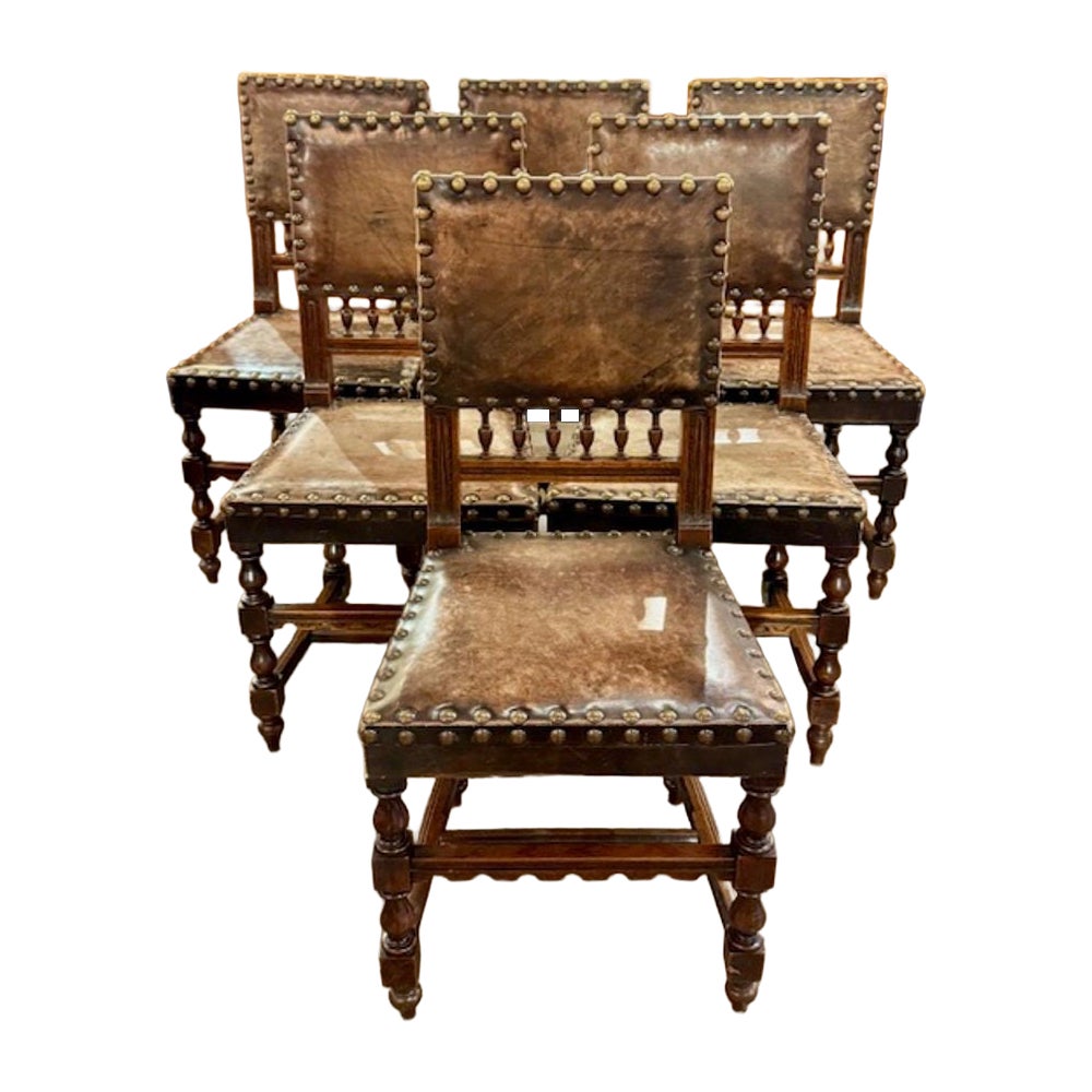 Set of 6 Antique Century French Walnut and Leather Dining Chairs