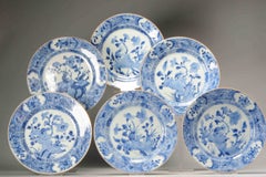 Lot de 6 assiettes plates anciennes chinoises Kangxi/Yongzheng bleu et blanc