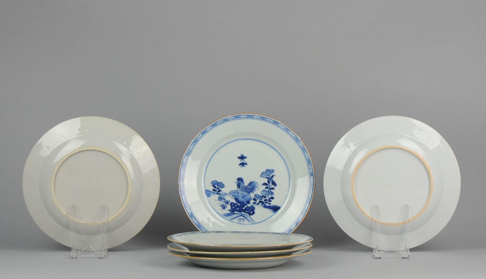 18th Century and Earlier Set of 6 Antique Chinese Porcelain Plates Rooster Rock in Garden Qianlong For Sale