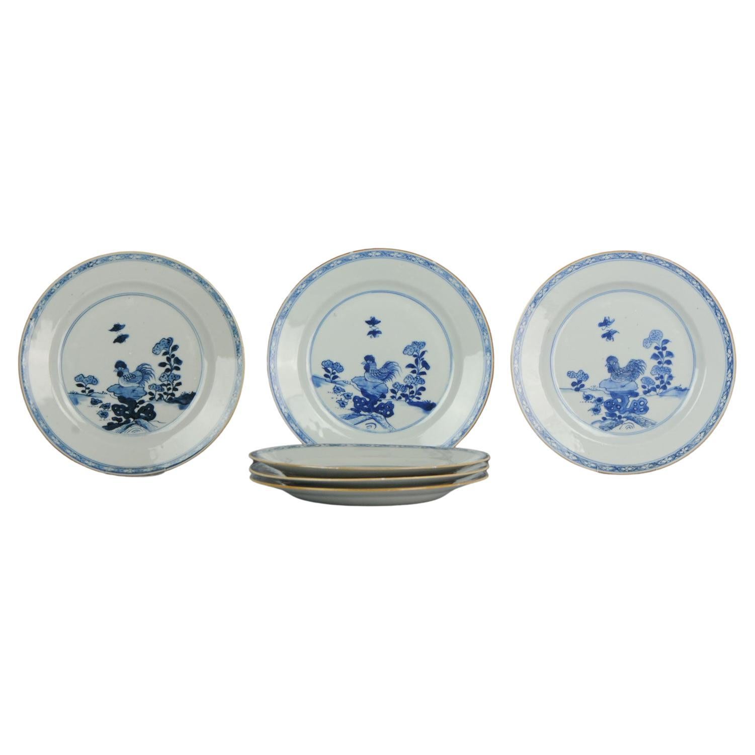 Set of 6 Antique Chinese Porcelain Plates Rooster Rock in Garden Qianlong