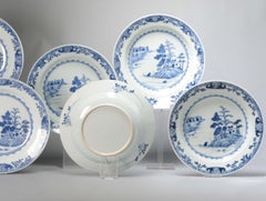Set von 6 antiken chinesischen Porzellantellern aus der Qing-Periode in Blau und Weiß