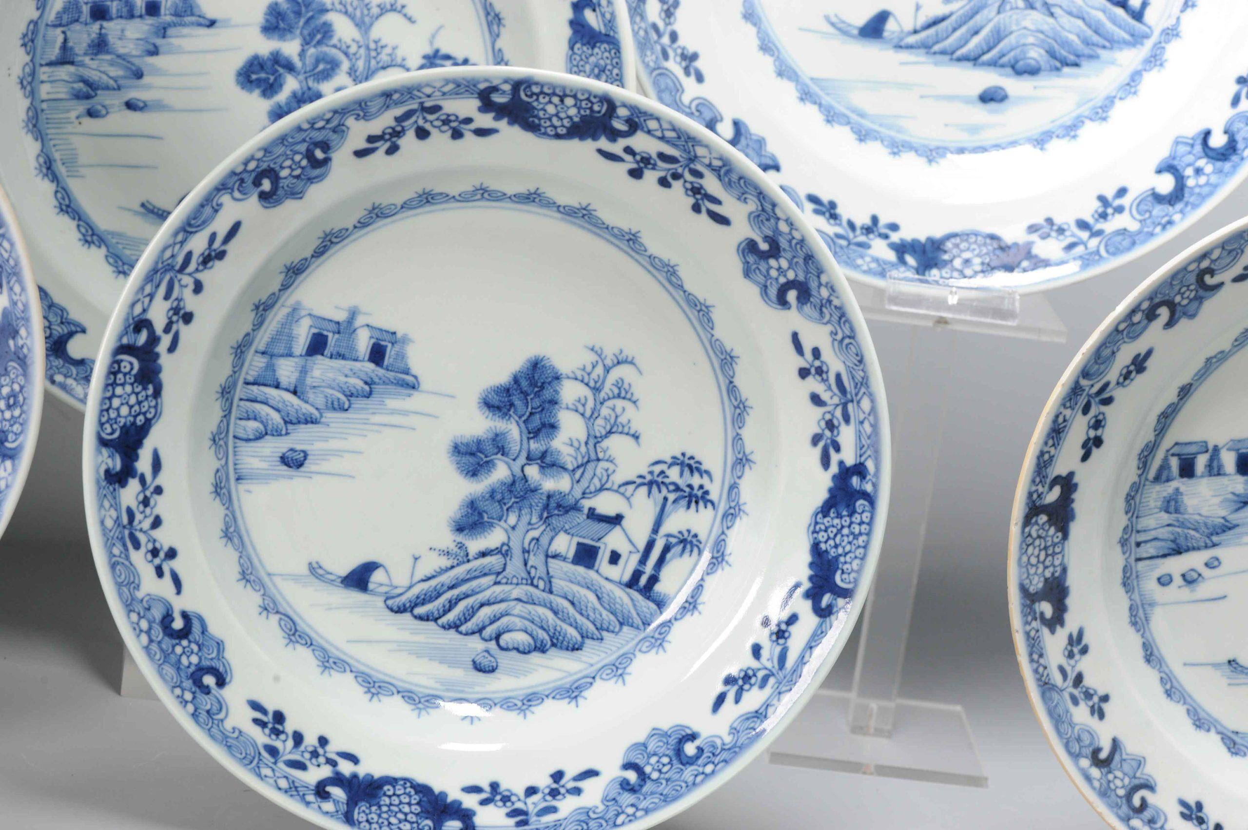 Juego de 6 platos hondos antiguos de porcelana china del periodo Qing Azul Blanco Chino en venta