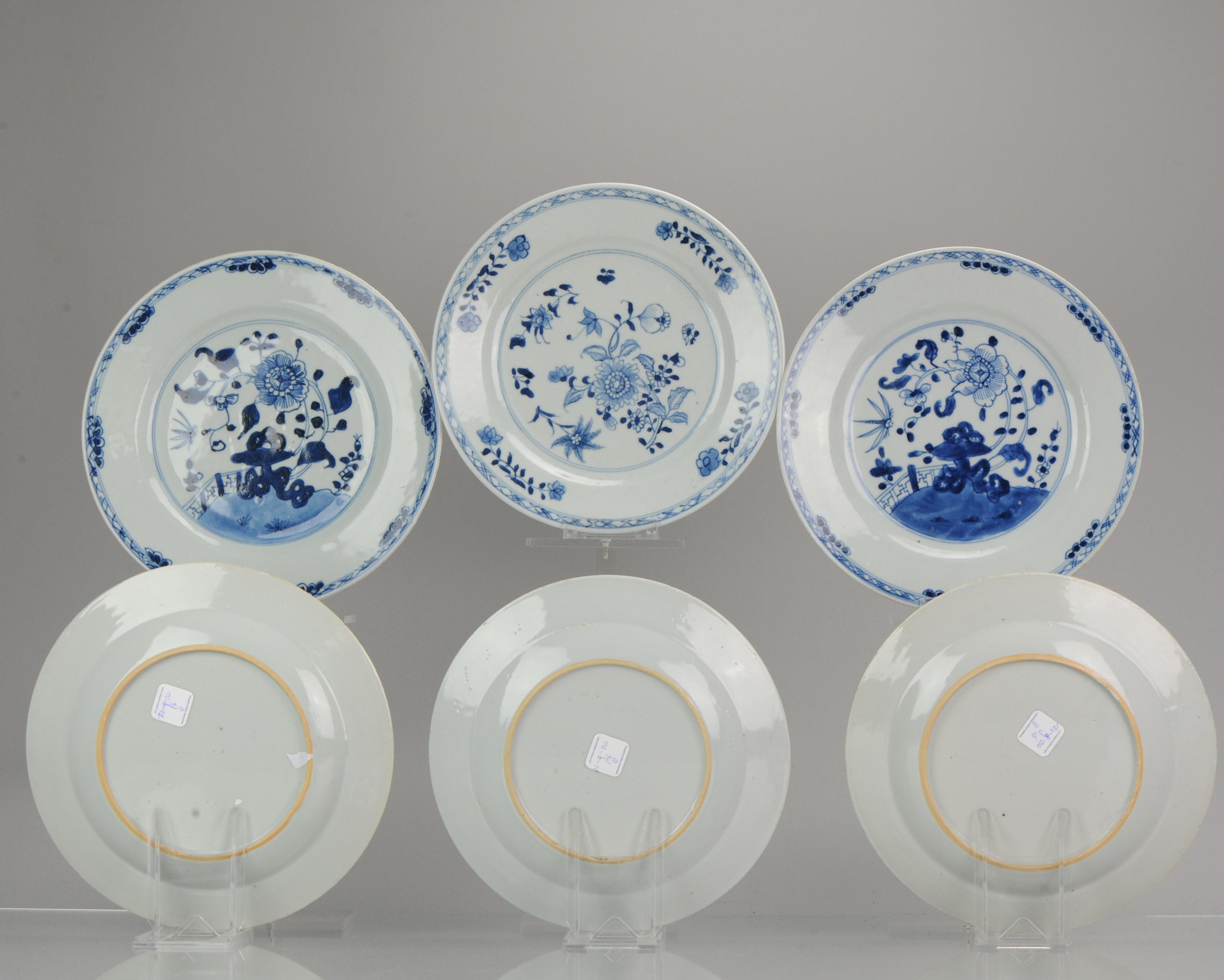 Lot de 6 assiettes plates anciennes chinoises Yongzheng/Qianlong bleu/blanc Bon état - En vente à Amsterdam, Noord Holland