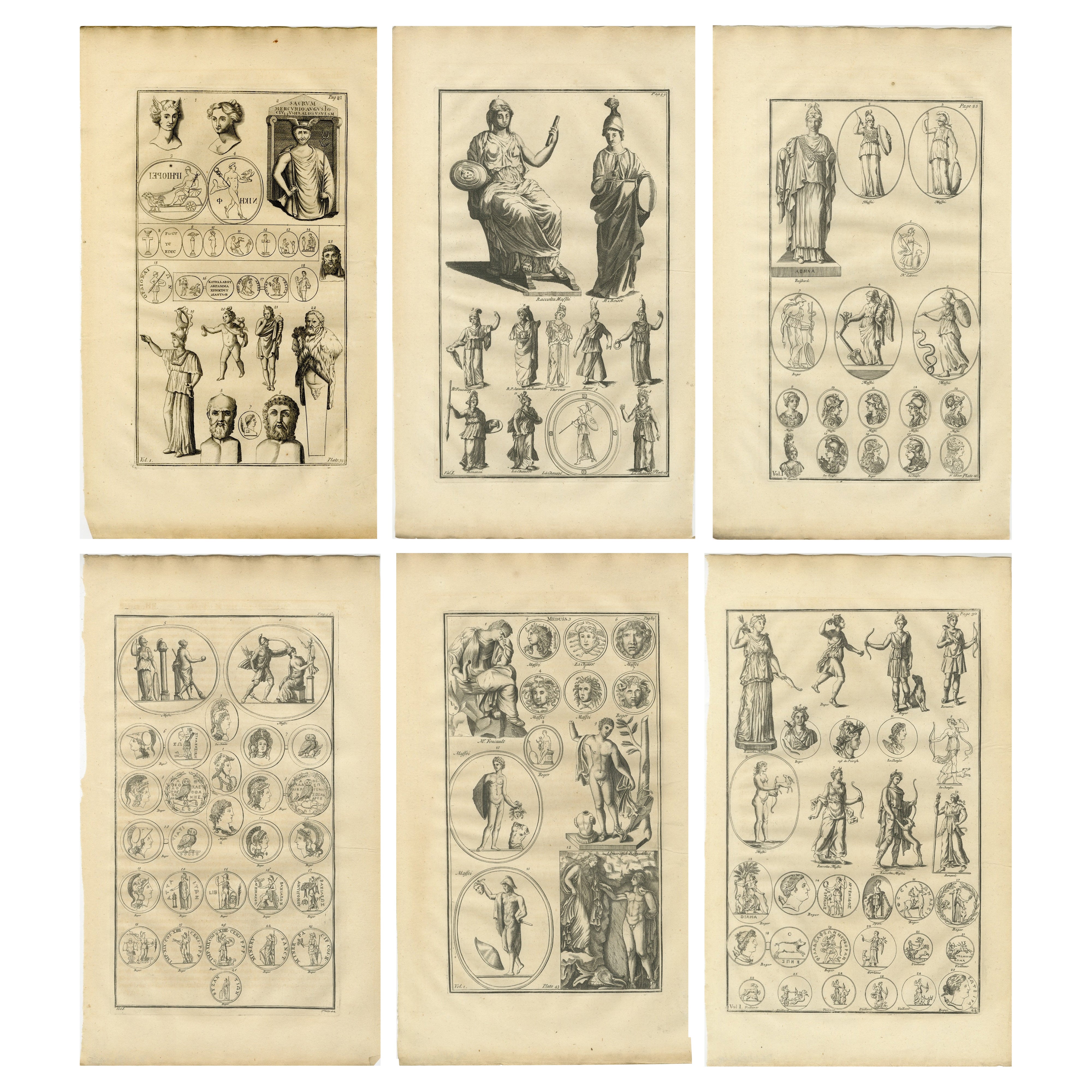 Set di 6 incisioni, sculture e medaglie di antichità classiche, 18° C.