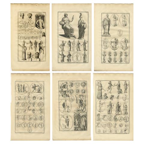 Set of 6 Antique Classical Antiquities Engravings, Sculpture & Medals, 18th C.