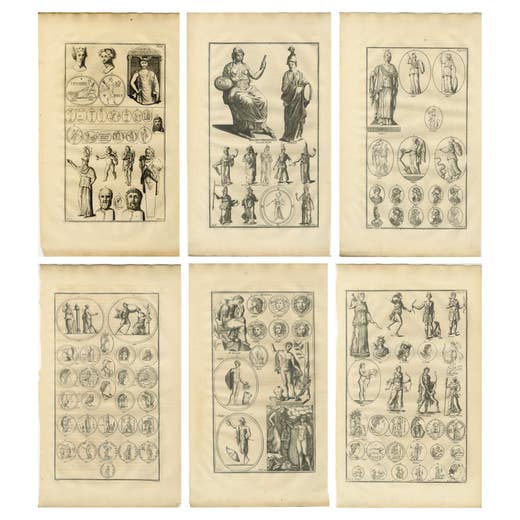 Set of 6 Antique Classical Antiquities Engravings, Sculpture & Medals, 18th C.