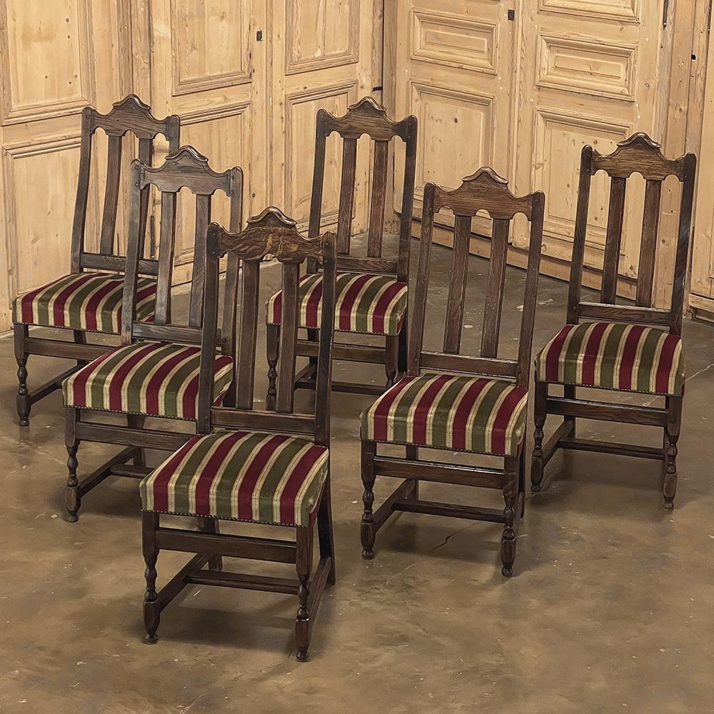 Hand-Crafted Set of 6 Antique Country French Upholstered Dining Chairs For Sale