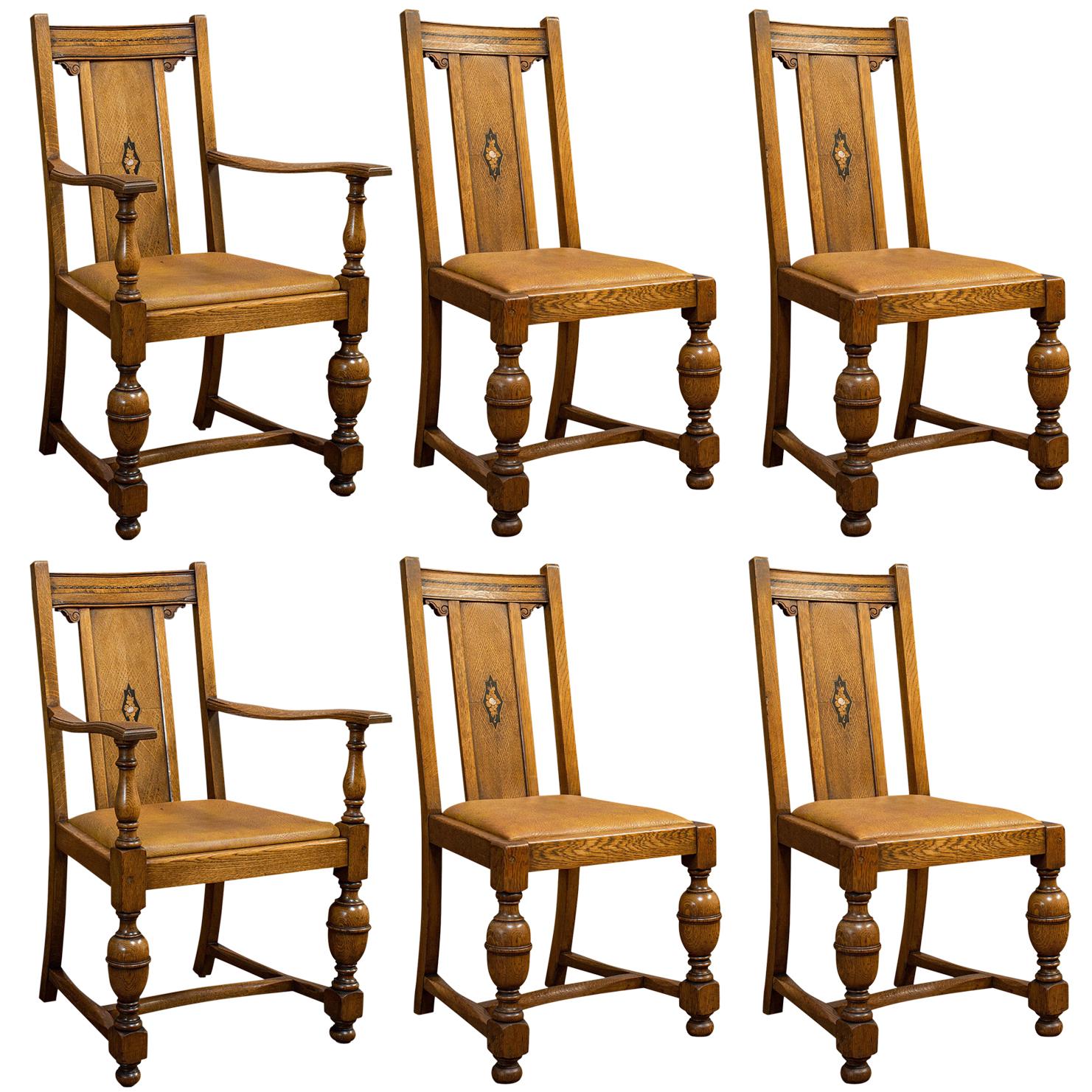 Set of 6, Antique Dining Chairs, English, Golden Oak, Edwardian, circa 1910