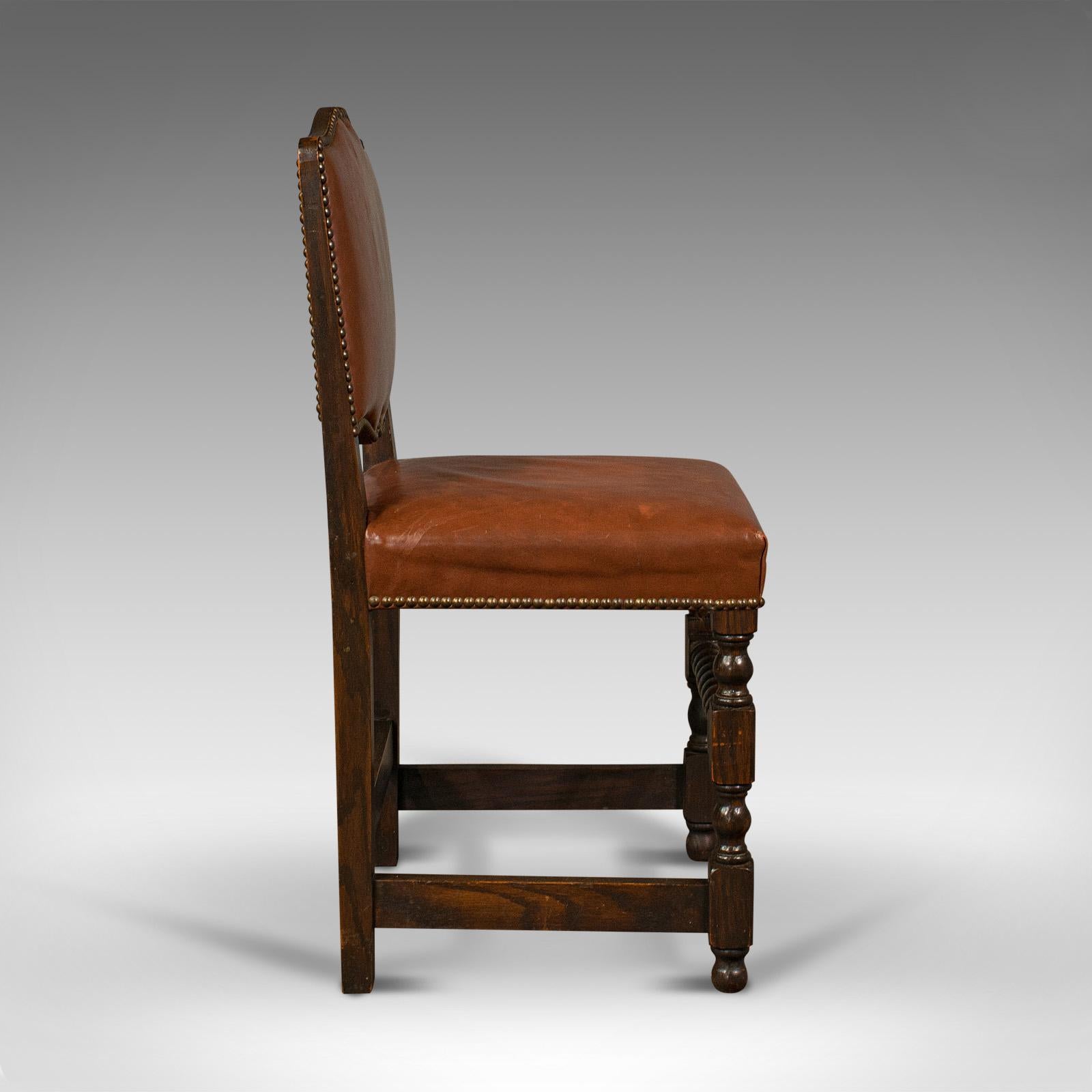 British Set of 6 Antique Dining Chairs, English, Leather, Oak, Seat, Edwardian, C.1910