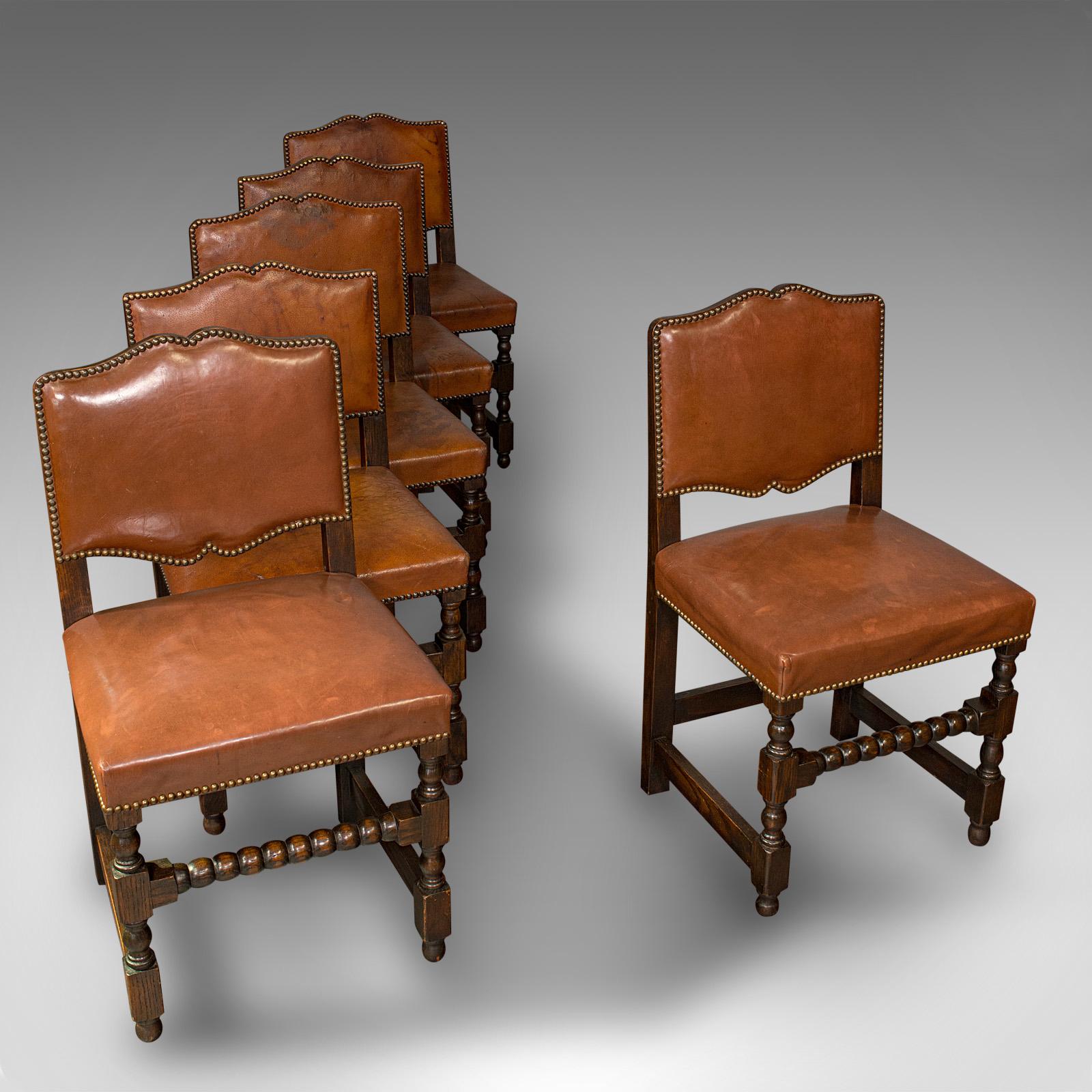 Set of 6 Antique Dining Chairs, English, Leather, Oak, Seat, Edwardian, C.1910 1