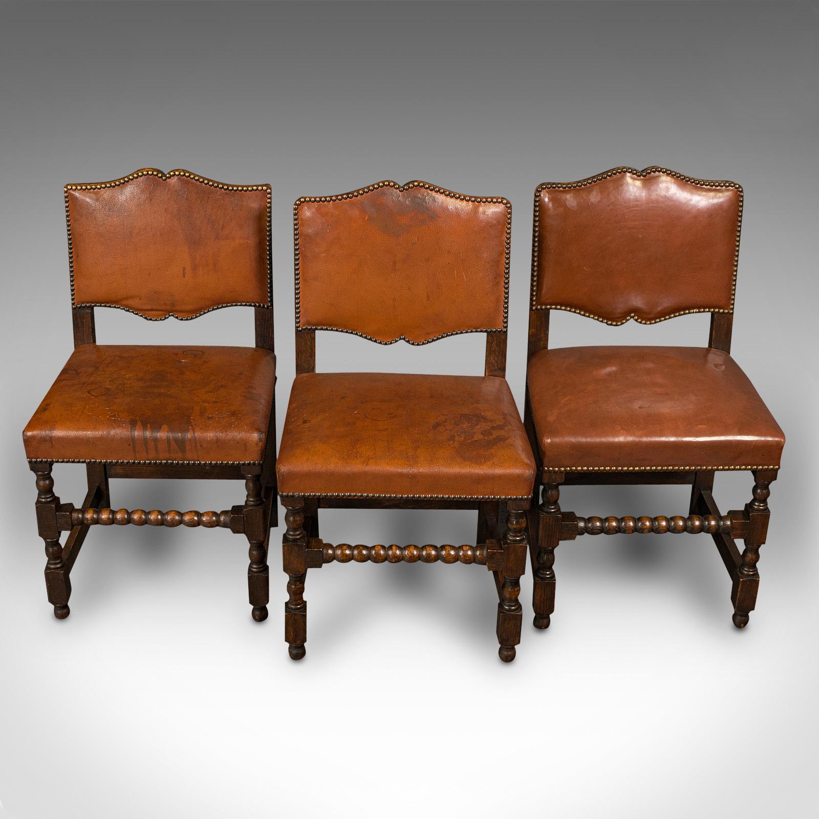 Set of 6 Antique Dining Chairs, English, Leather, Oak, Seat, Edwardian, C.1910 3