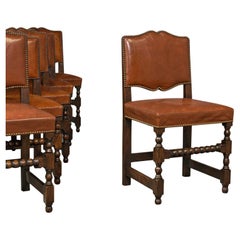 Set of 6 Used Dining Chairs, English, Leather, Oak, Seat, Edwardian, C.1910