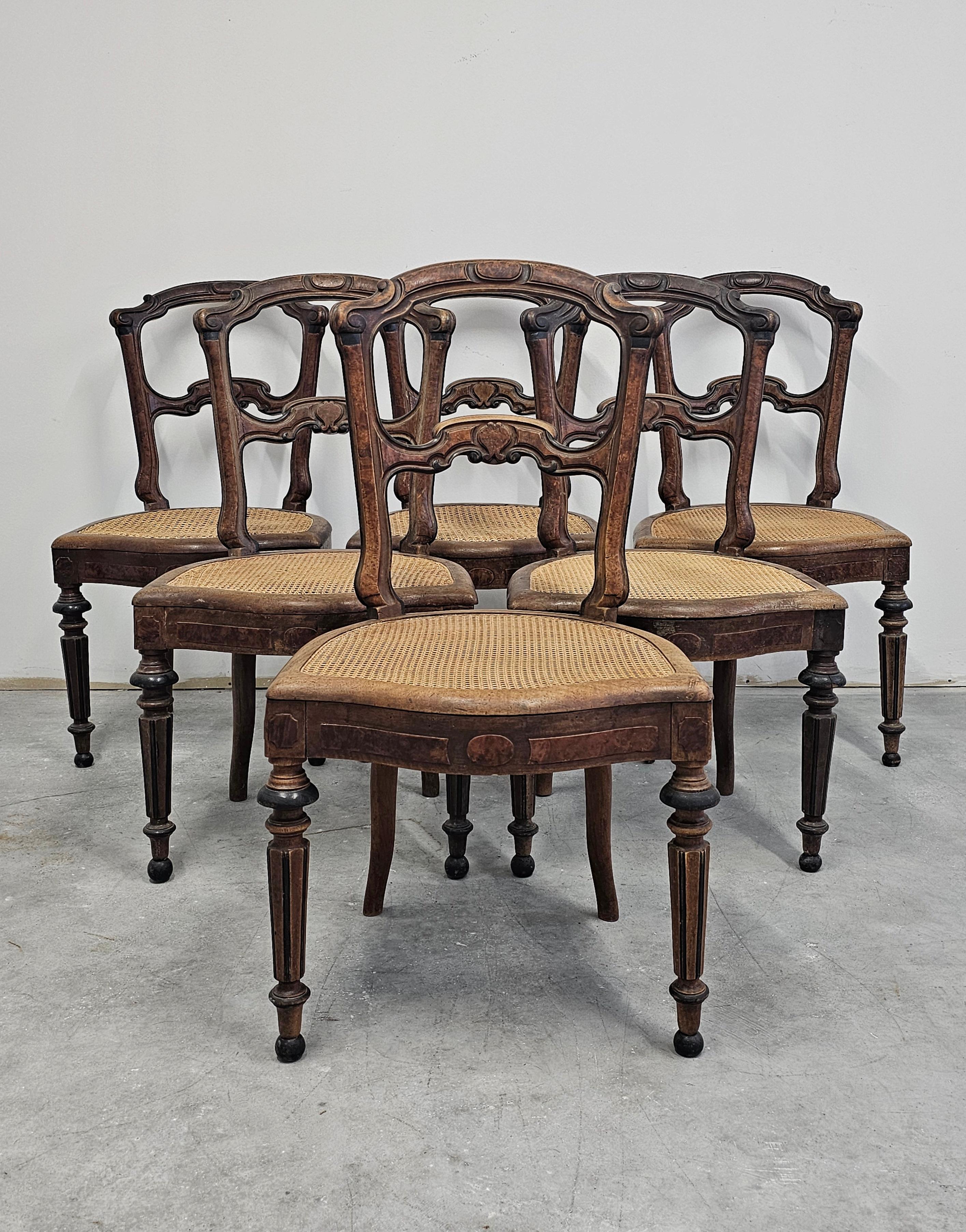 Ensemble de 6 chaises de salle à manger anciennes avec sièges en cannage, noyer massif France Mid 19th C. en vente 3