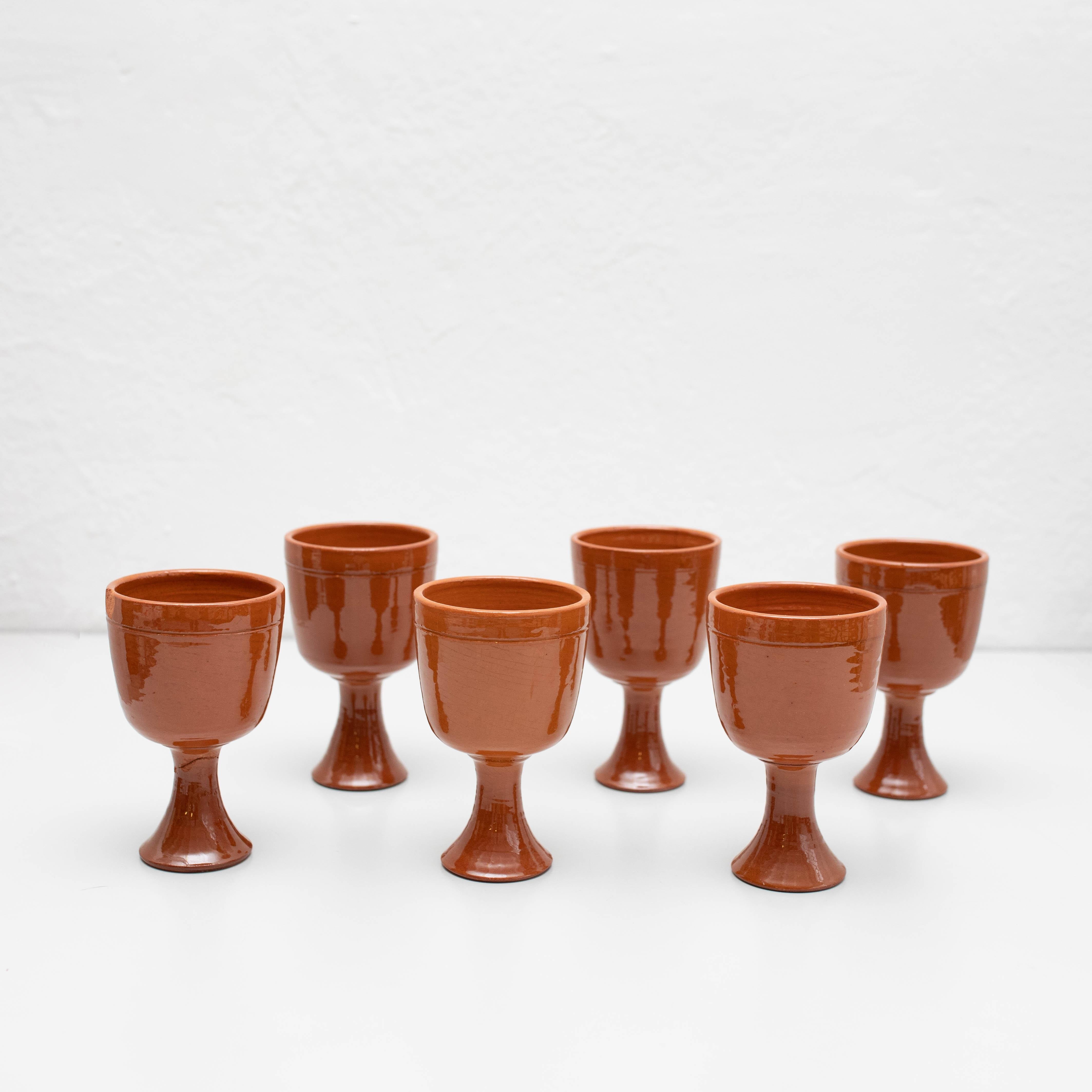 Mid-Century Modern Set of 6 Antique Earthenware Wine Cups, circa 1950 For Sale