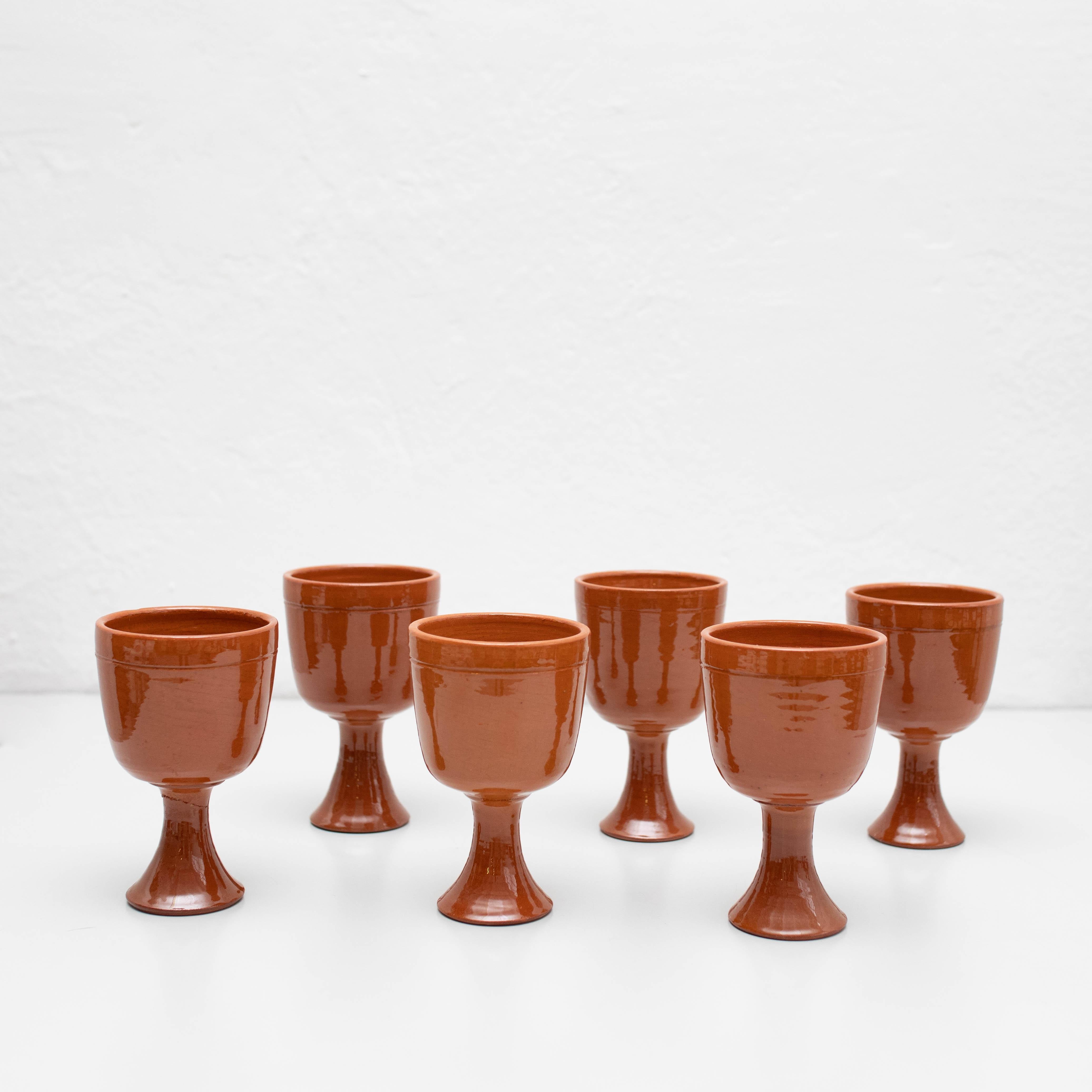French Set of 6 Antique Earthenware Wine Cups, circa 1950 For Sale