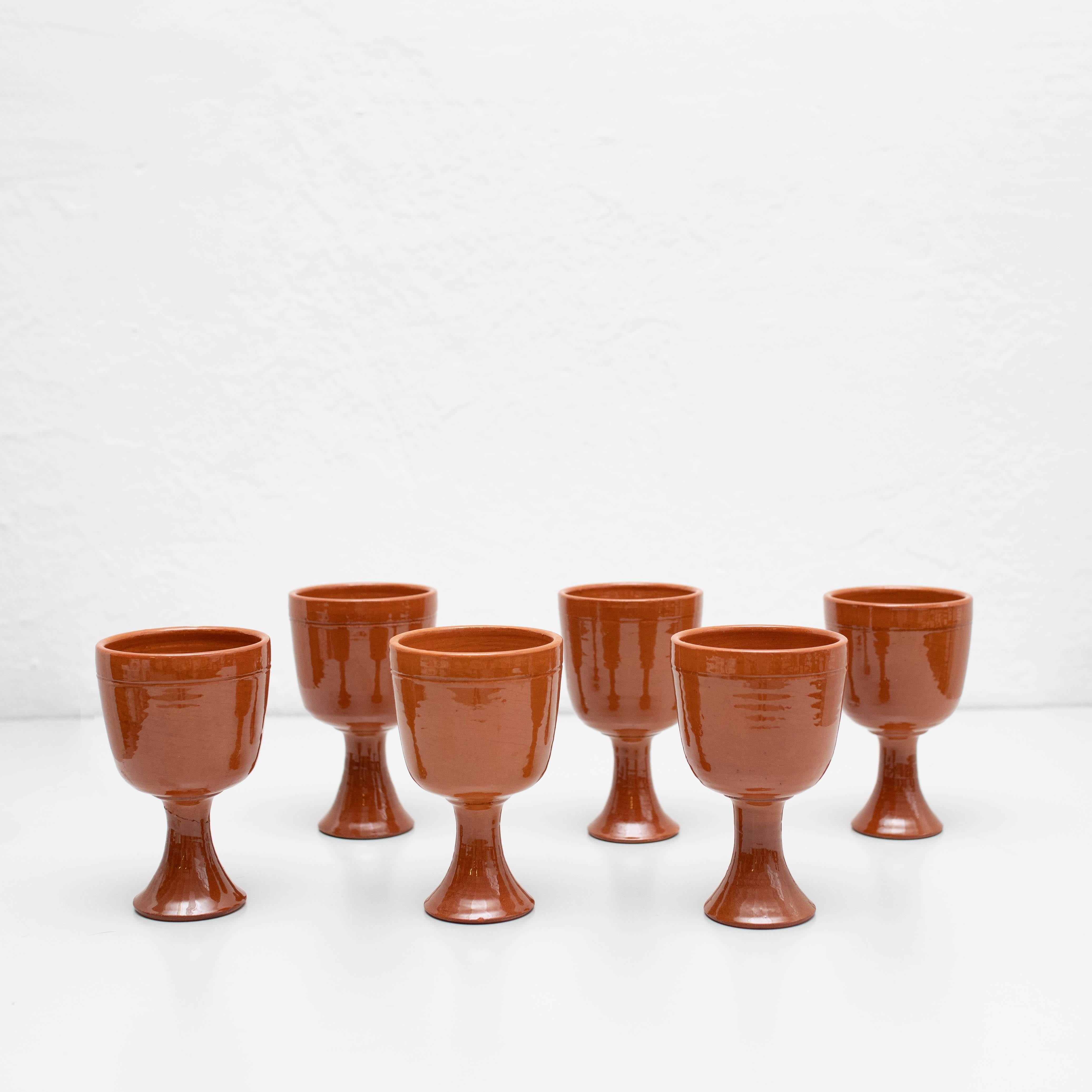 Set of 6 Antique Earthenware Wine Cups, circa 1950 In Good Condition In Barcelona, ES