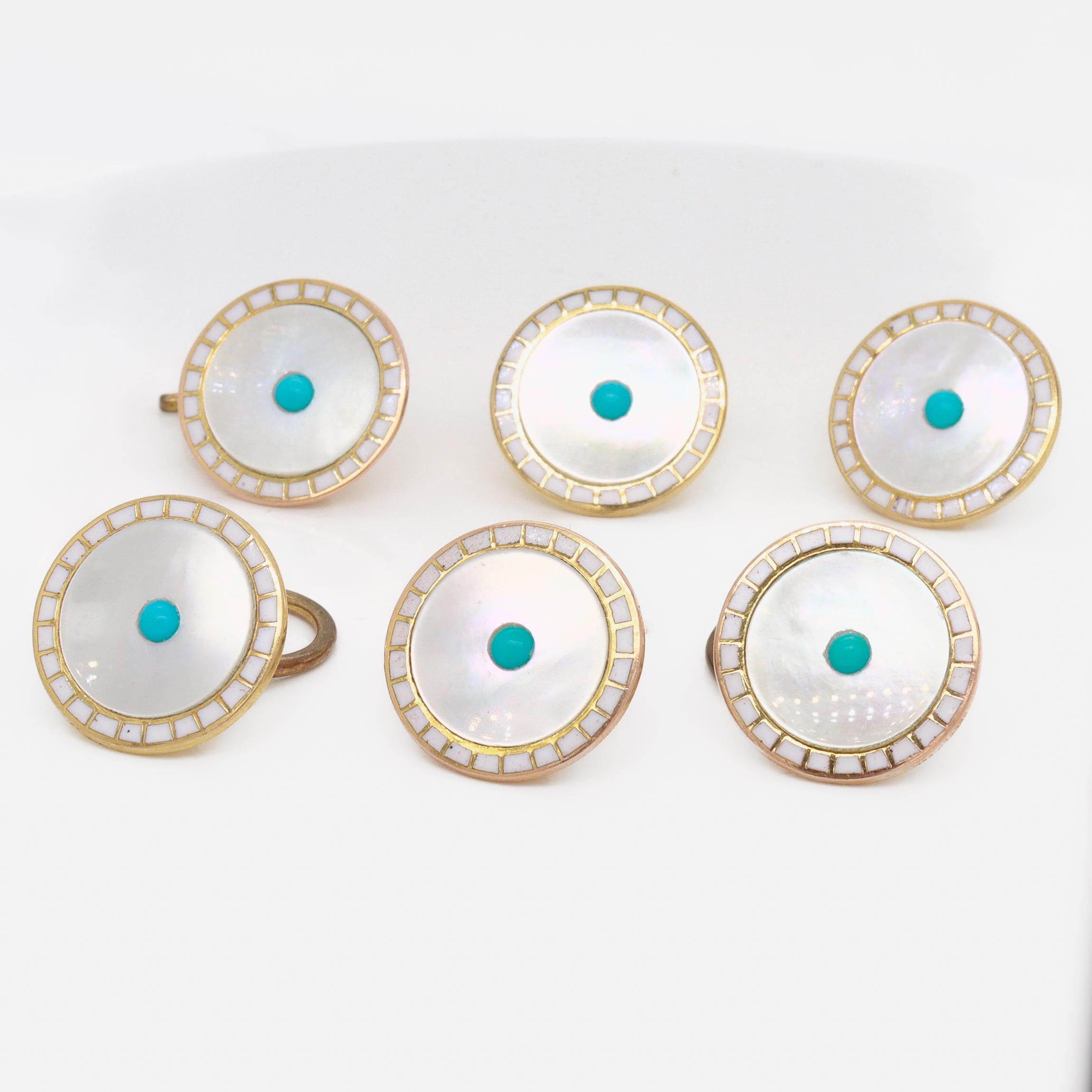 Edoardiano Set di 6 bottoni antichi edoardiani in oro 9ct, madreperla, smalto e turchese in vendita