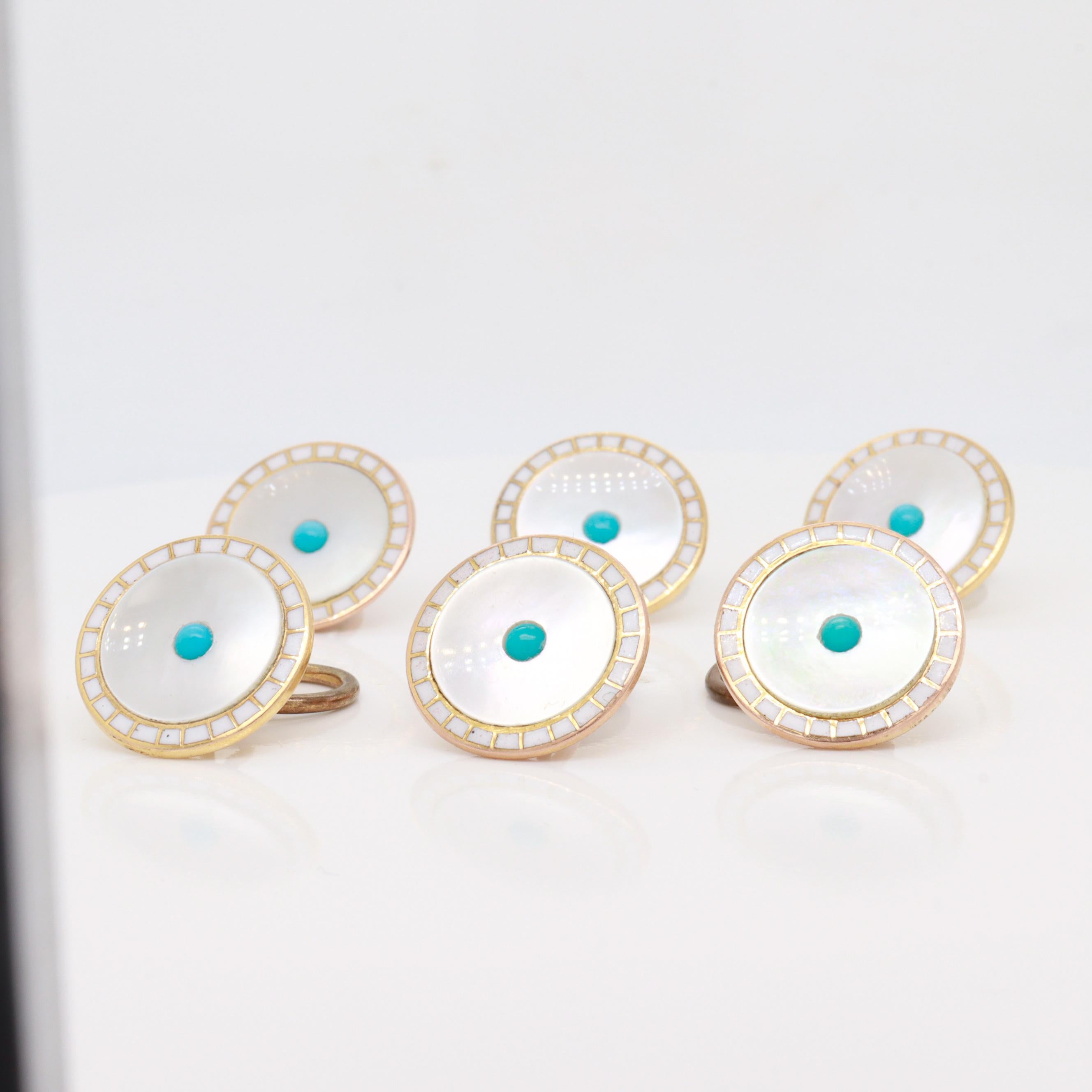 Cabochon Set di 6 bottoni antichi edoardiani in oro 9ct, madreperla, smalto e turchese in vendita