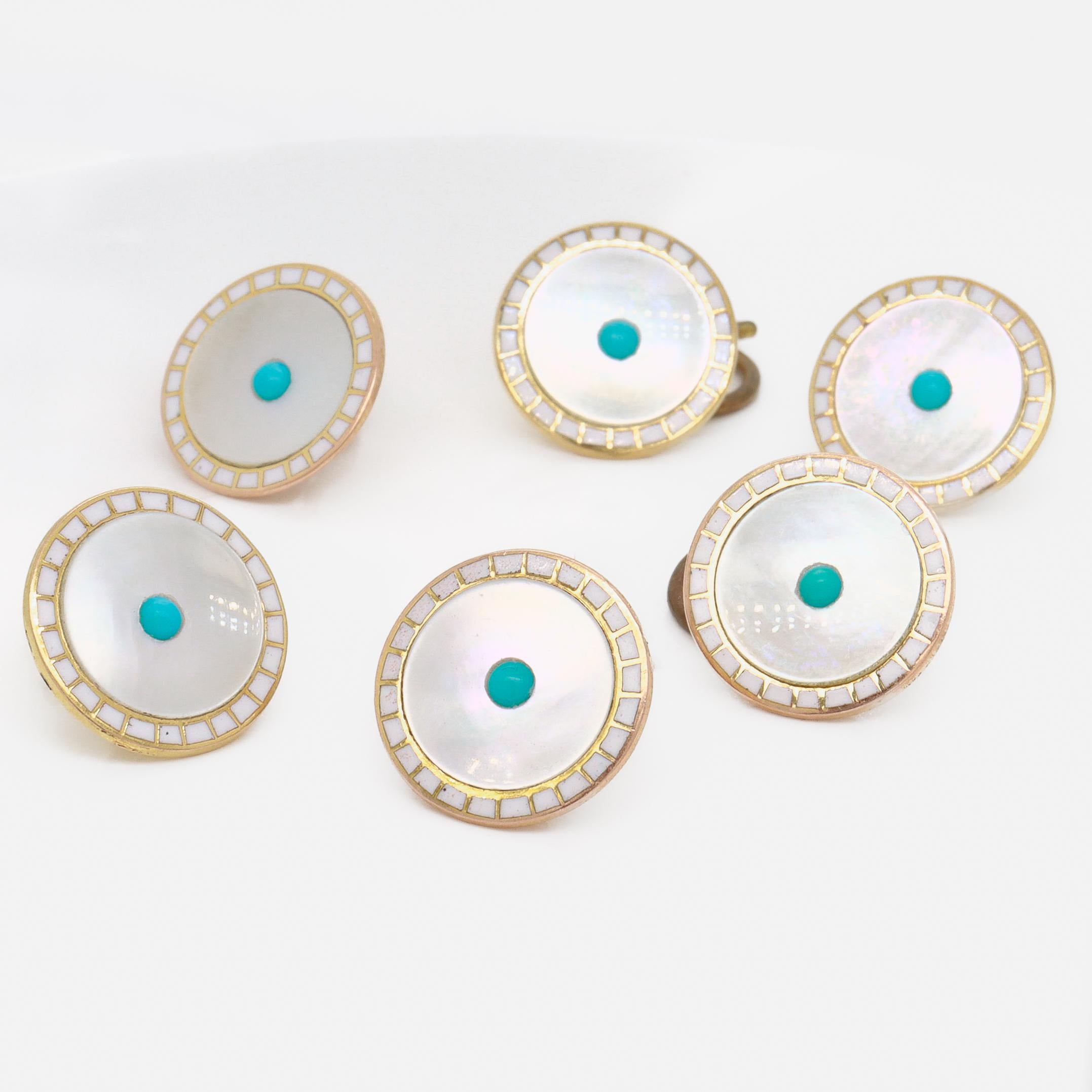 Set di 6 bottoni antichi edoardiani in oro 9ct, madreperla, smalto e turchese In condizioni buone in vendita a Philadelphia, PA