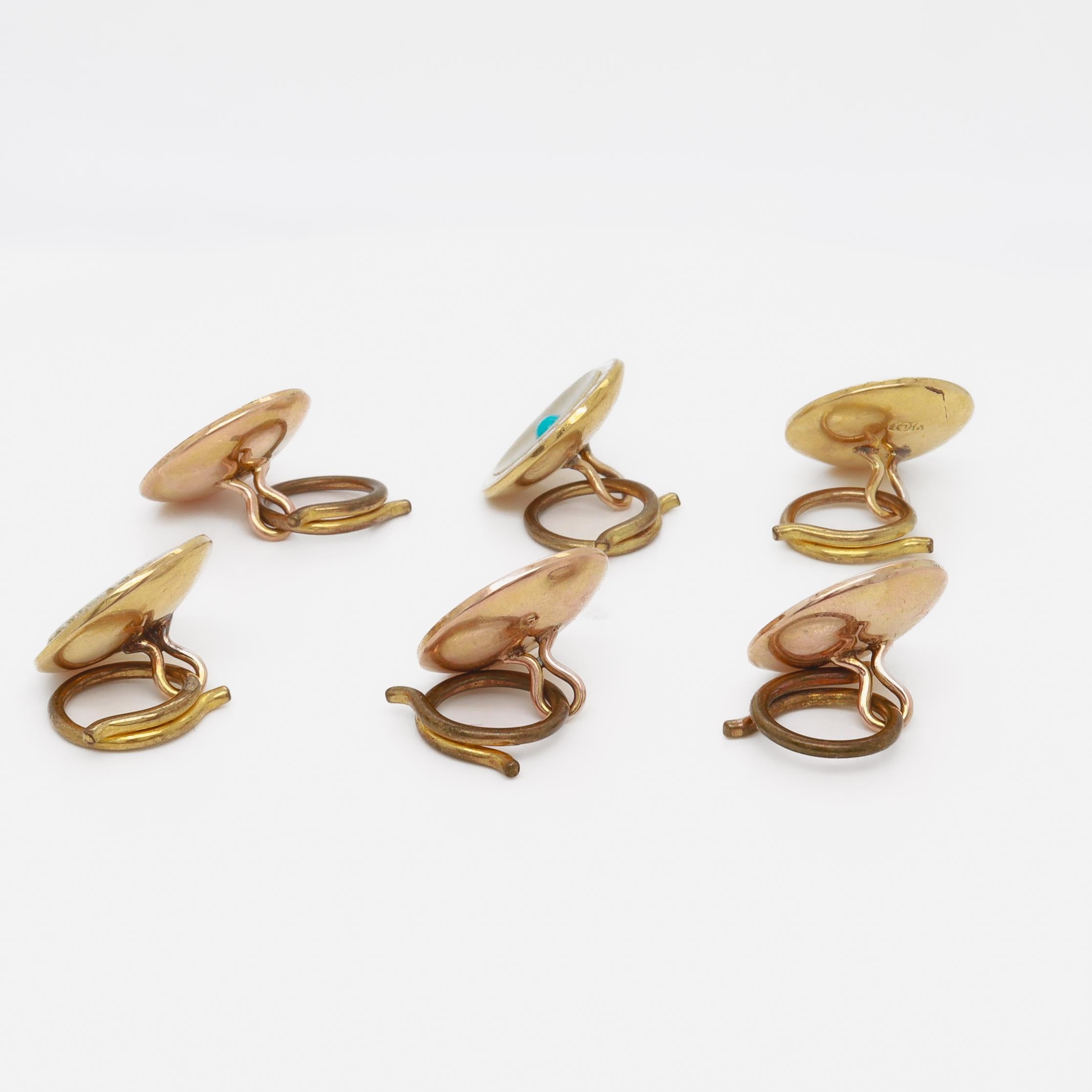 Set di 6 bottoni antichi edoardiani in oro 9ct, madreperla, smalto e turchese in vendita 1