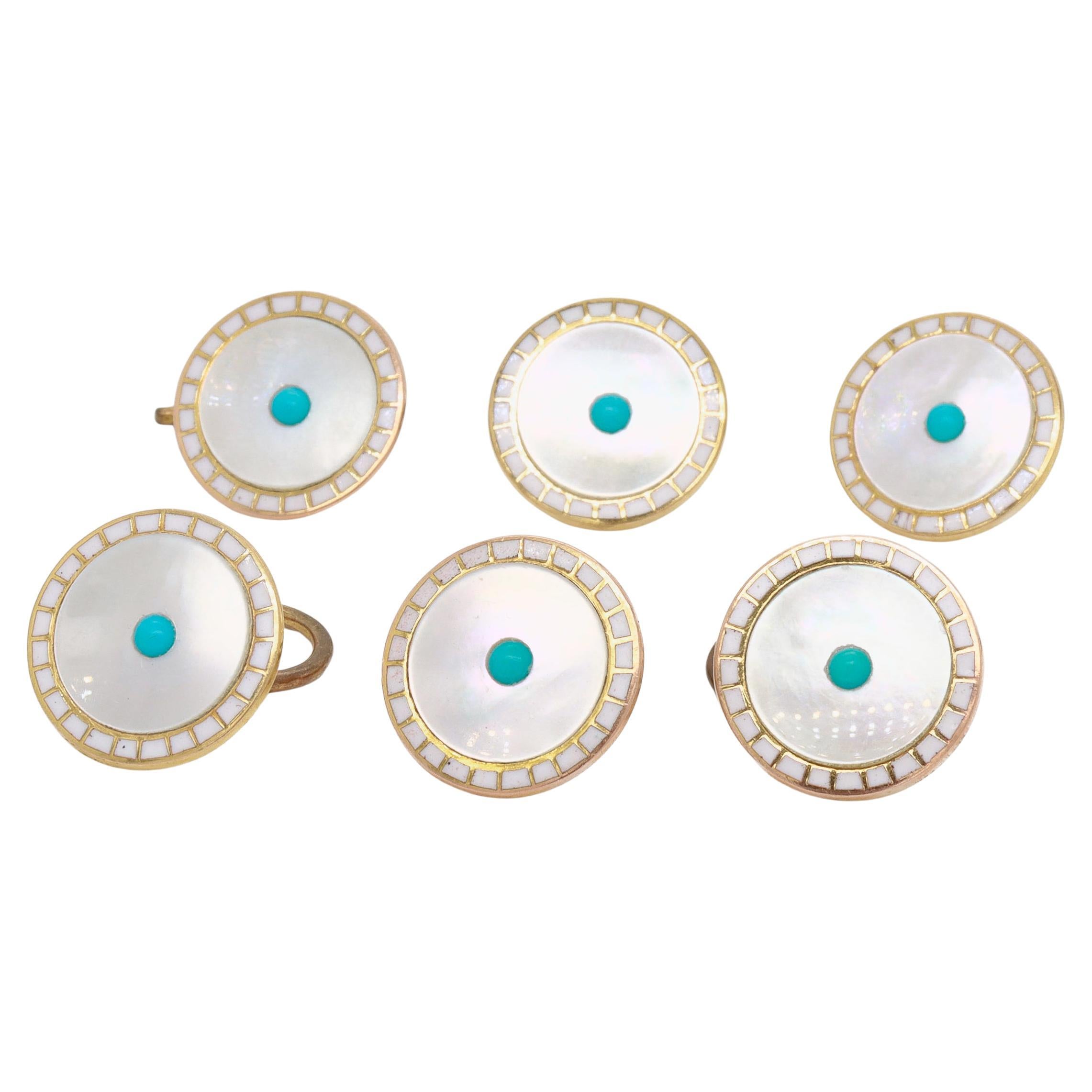 Set of 6 Antique Edwardian 9ct Gold, Mother of Pearl, Enamel & Turquoise Buttons