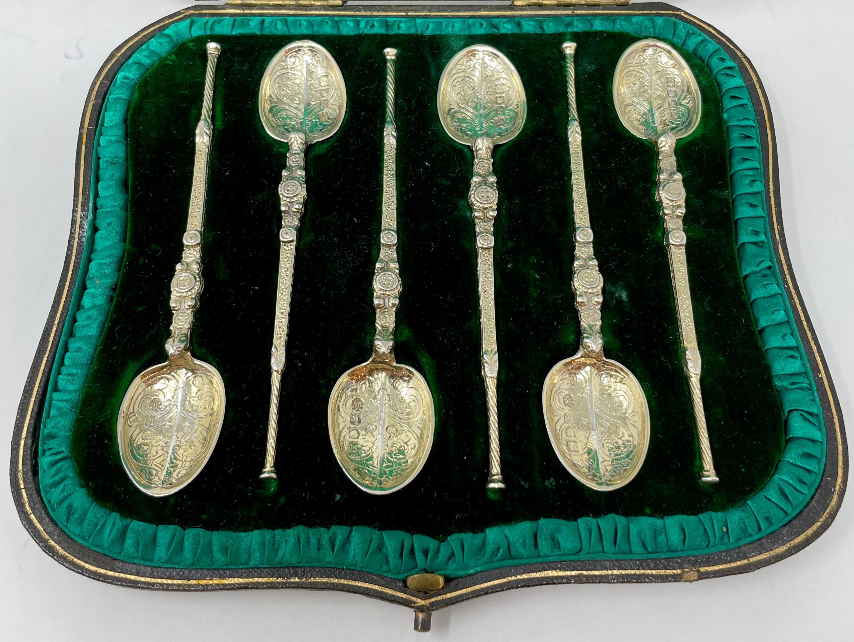 Rare set of 6 Antique English sterling silver with gold vermeil demitasse spoons in original case, circa 1915-1920. Hallmarked 