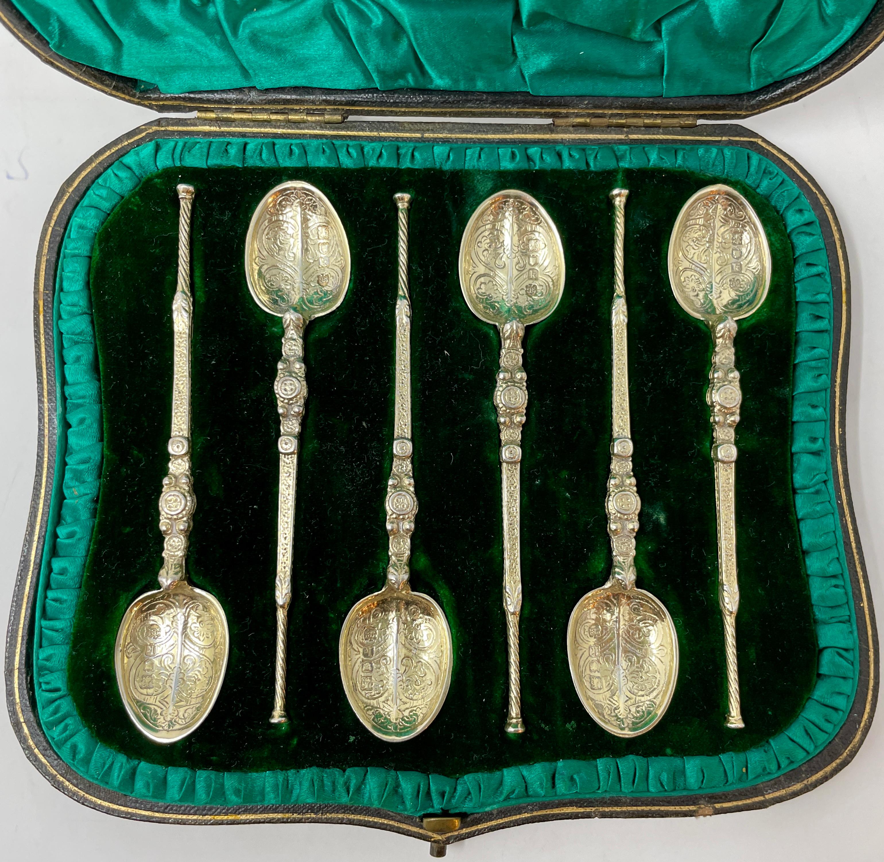 Gilt Set of 6 Antique English Boxed Sterling Silver w/ Gold Demitasse Spoons, Ca 1915