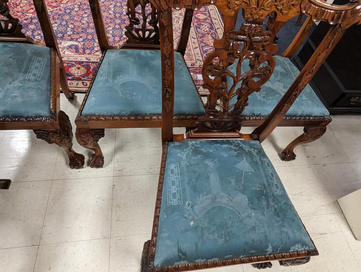 Fabric Set of 6 Antique English Chippendale Dining Chairs, Mahogany