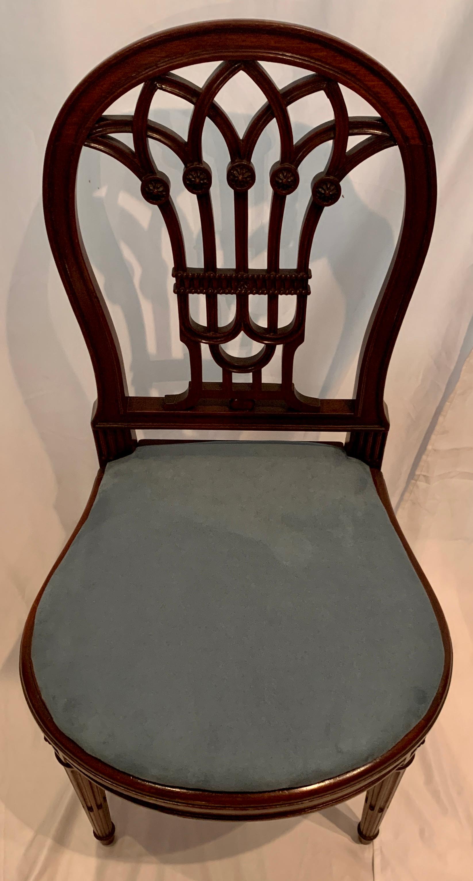 Set of 6 antique English Mahogany & cane dining chairs with newly upholstered blue seat cushions, Circa 1890.