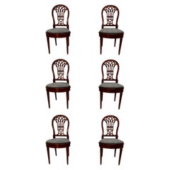 Set of 6 Antique English Mahogany & Cane Dining Chairs w/ Blue Cushions, Ca 1890