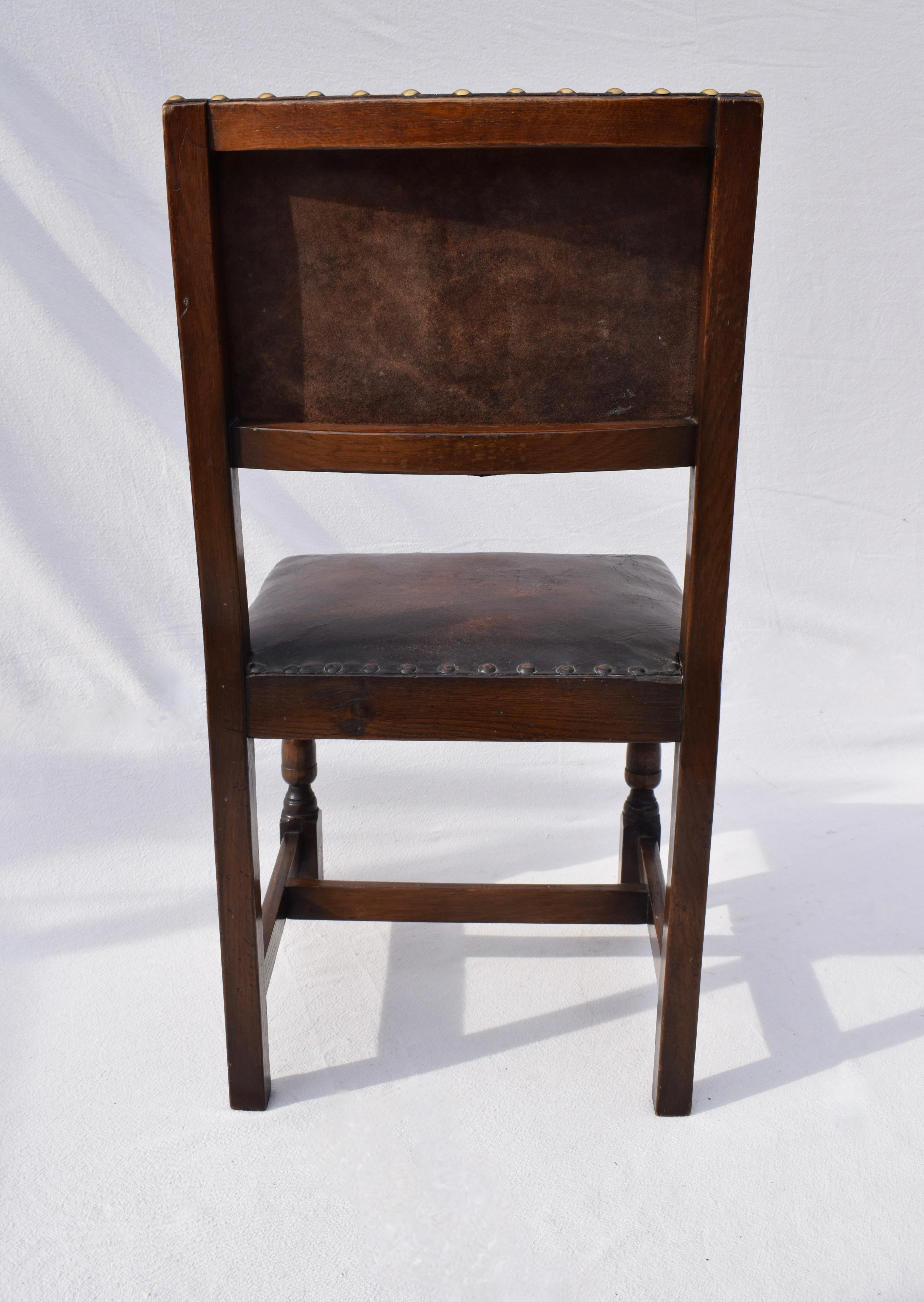 Set of 6 Antique English Oak and Leather Chairs With Brass Fittings 5