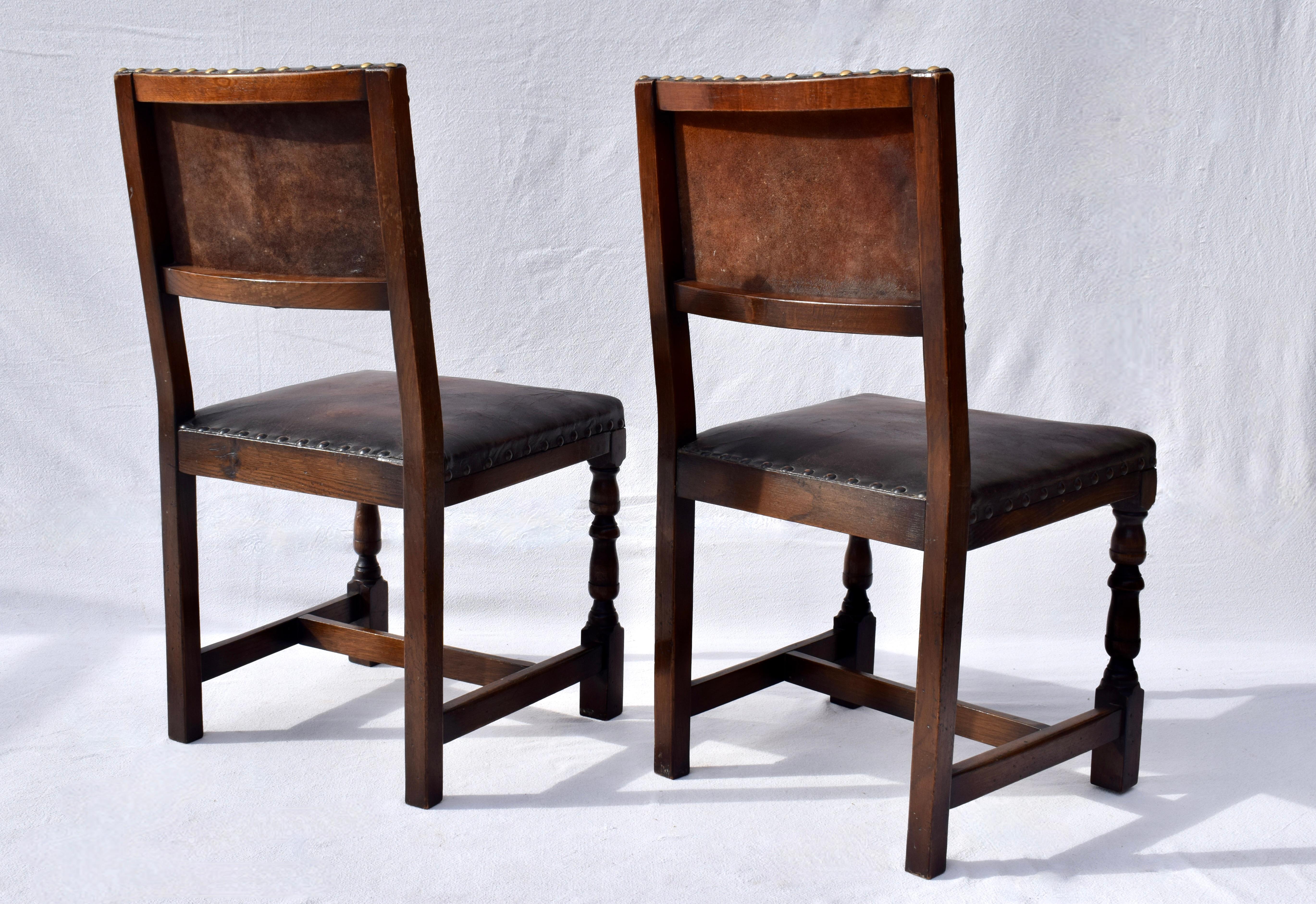 Set of 6 Antique English Oak and Leather Chairs With Brass Fittings 6