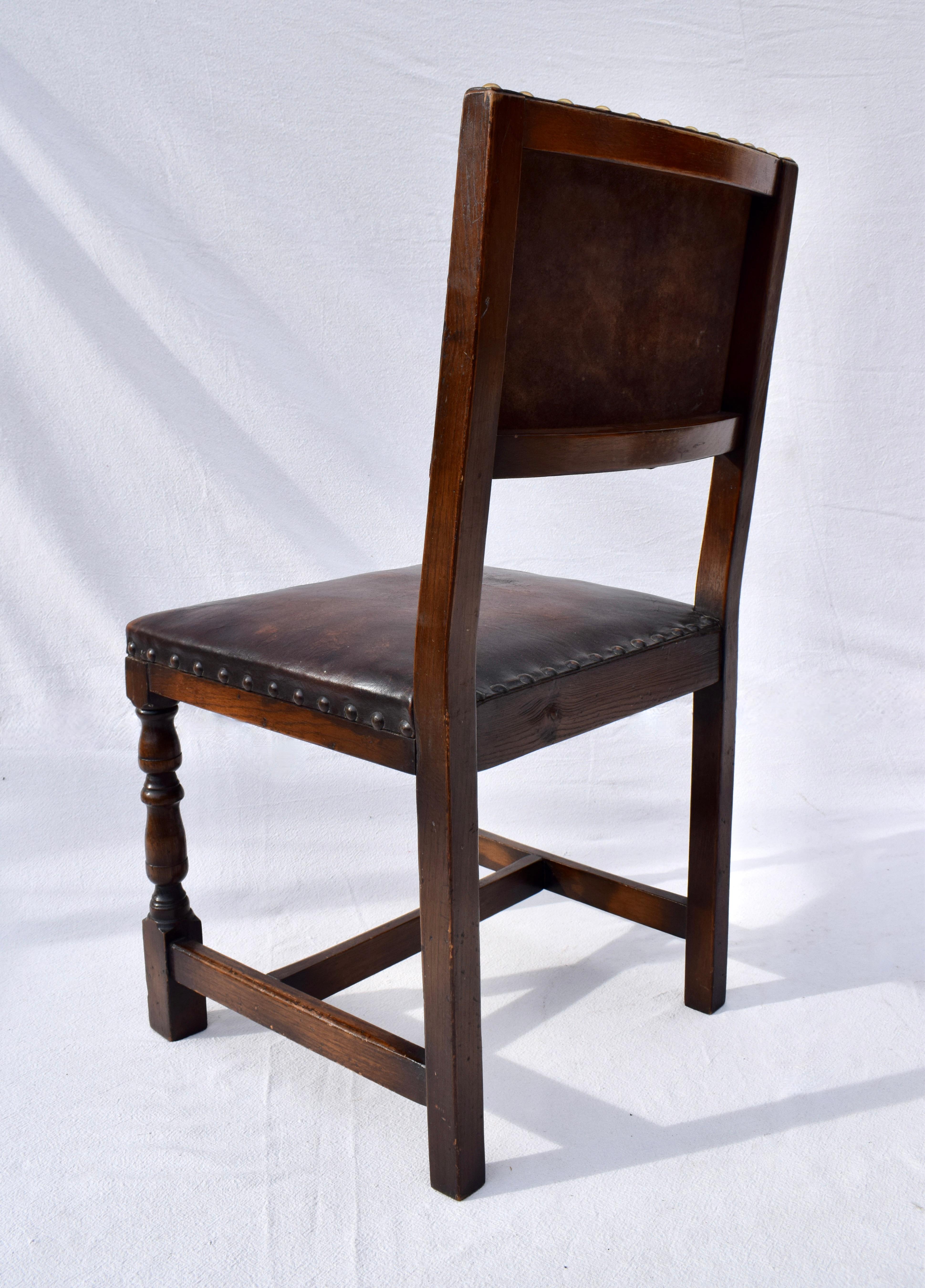 Set of 6 Antique English Oak and Leather Chairs With Brass Fittings 7