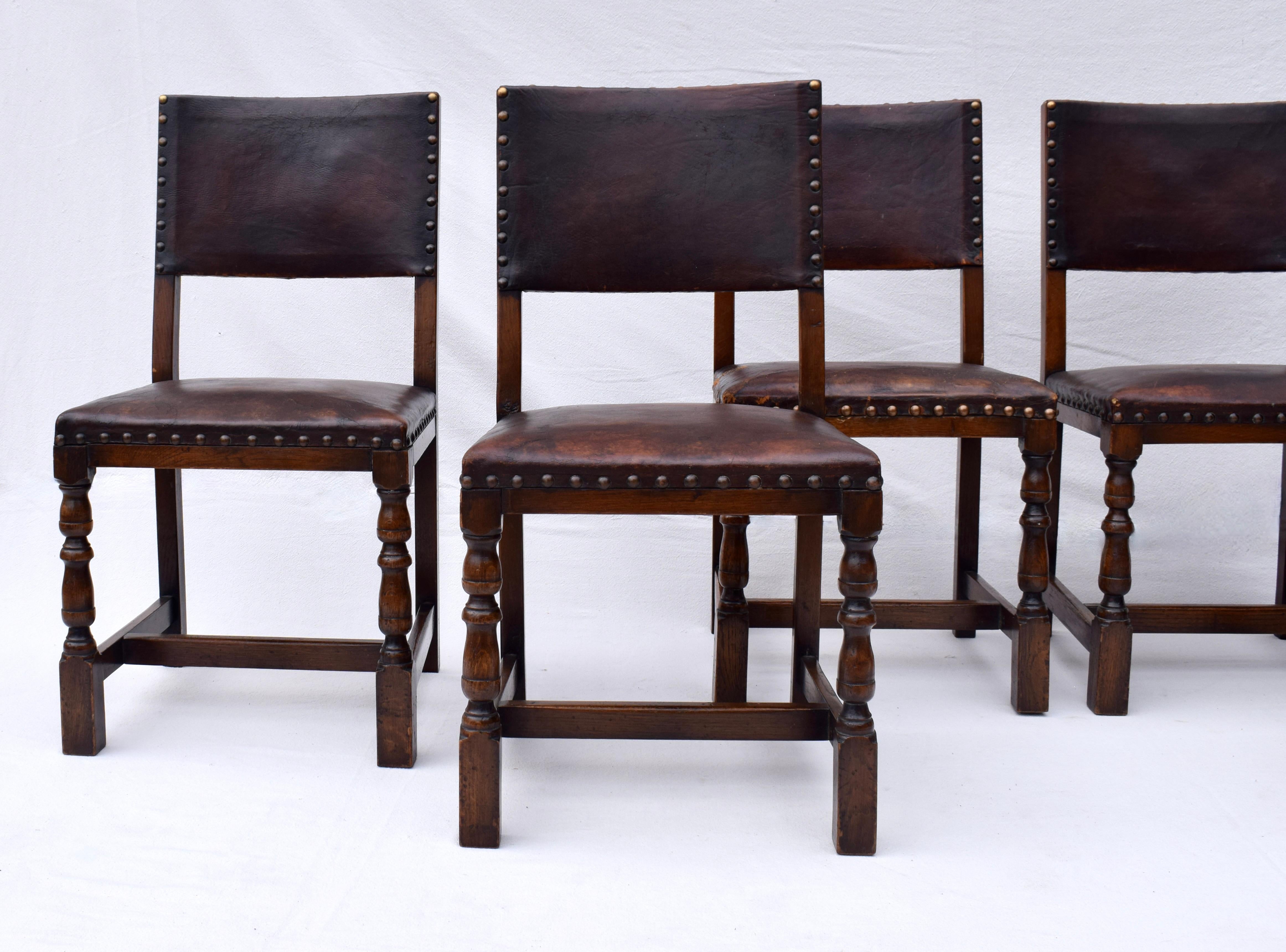 Set of 6 Antique English Oak and Leather Chairs With Brass Fittings 8