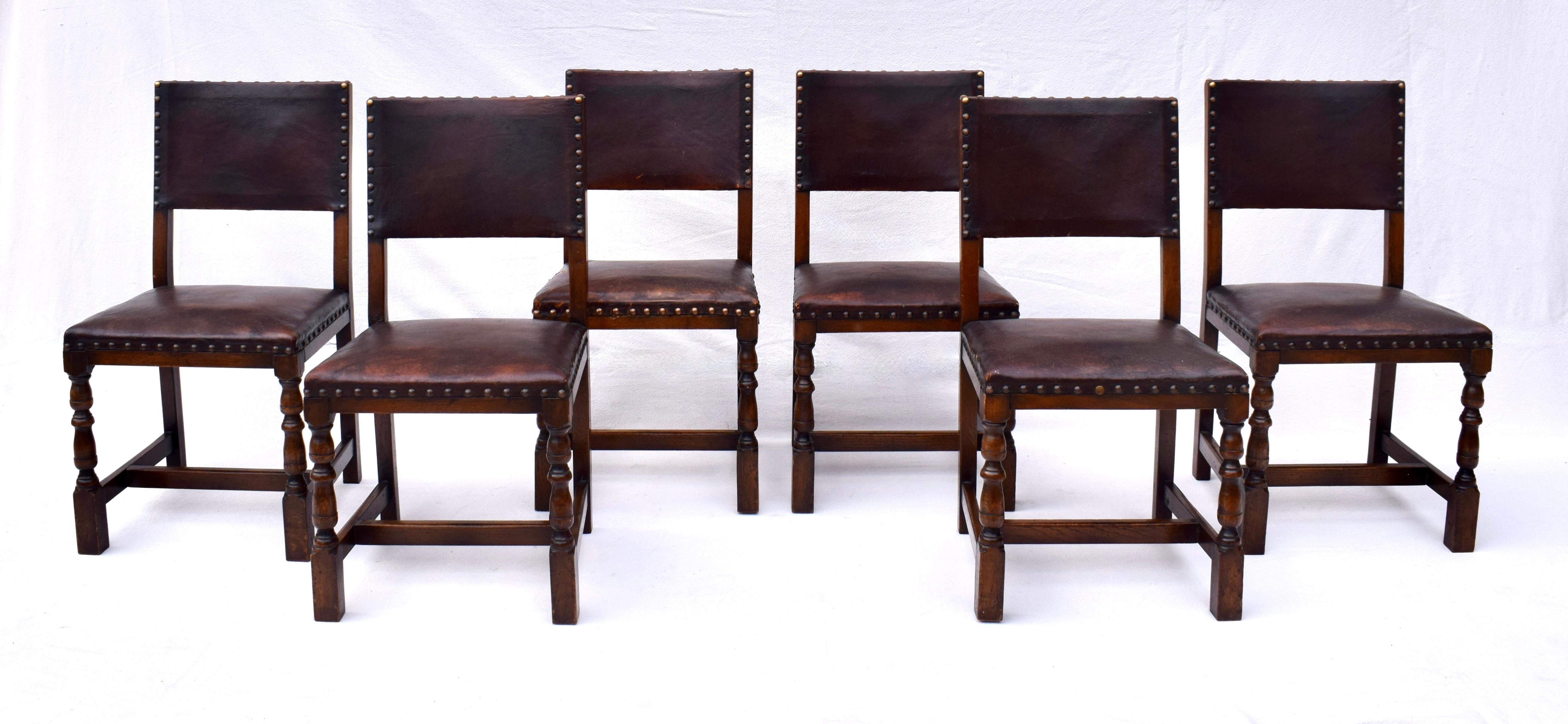Set of 6 Antique English Oak and Leather Chairs With Brass Fittings 9