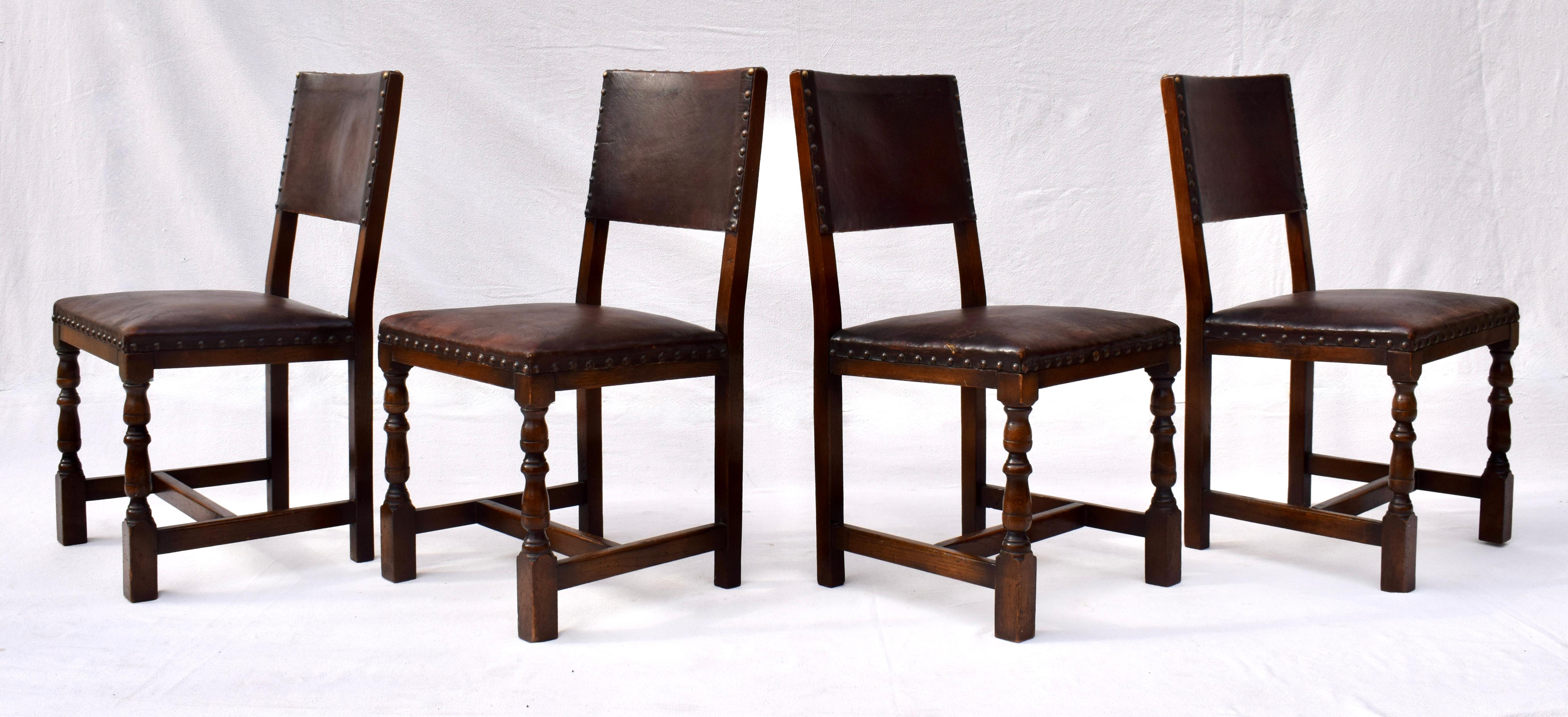 Edwardian Set of 6 Antique English Oak and Leather Chairs With Brass Fittings