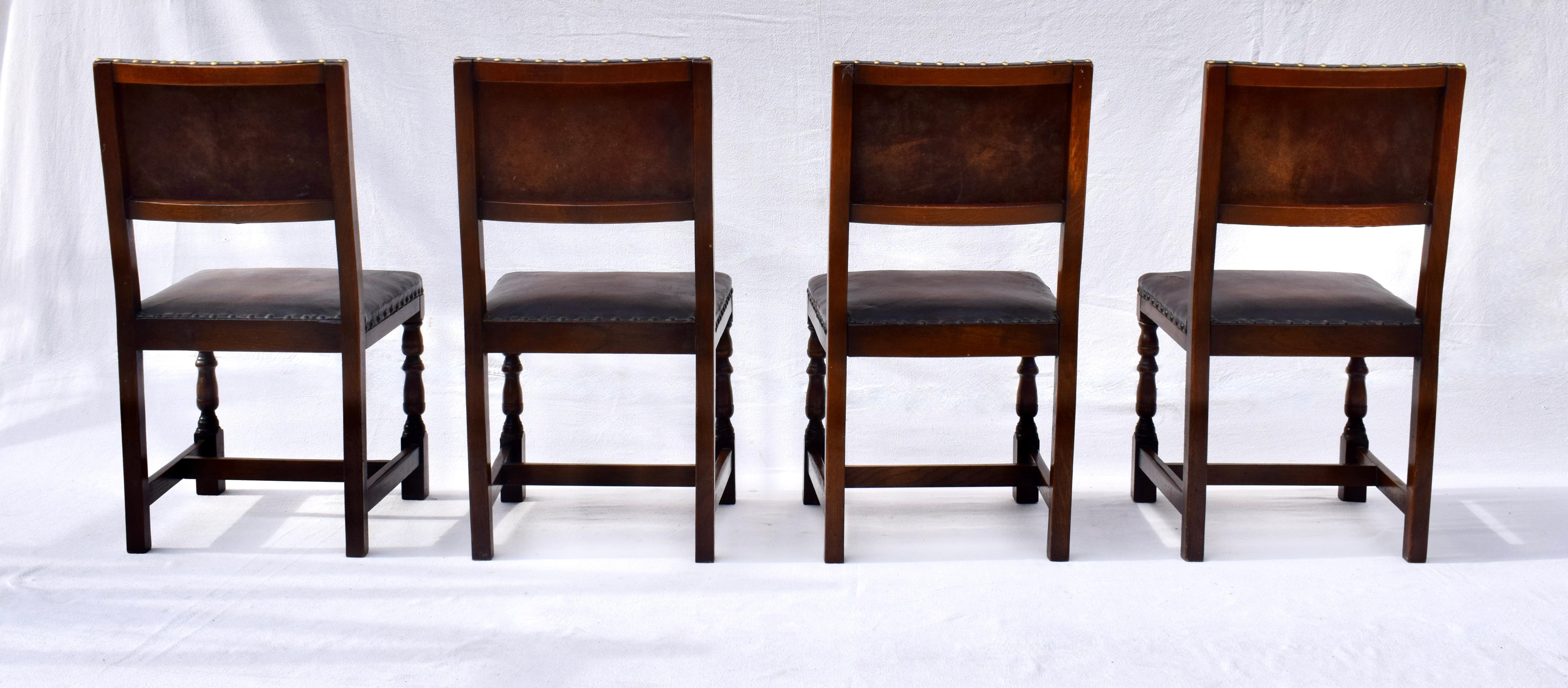 Set of 6 Antique English Oak and Leather Chairs With Brass Fittings In Good Condition In Southampton, NJ