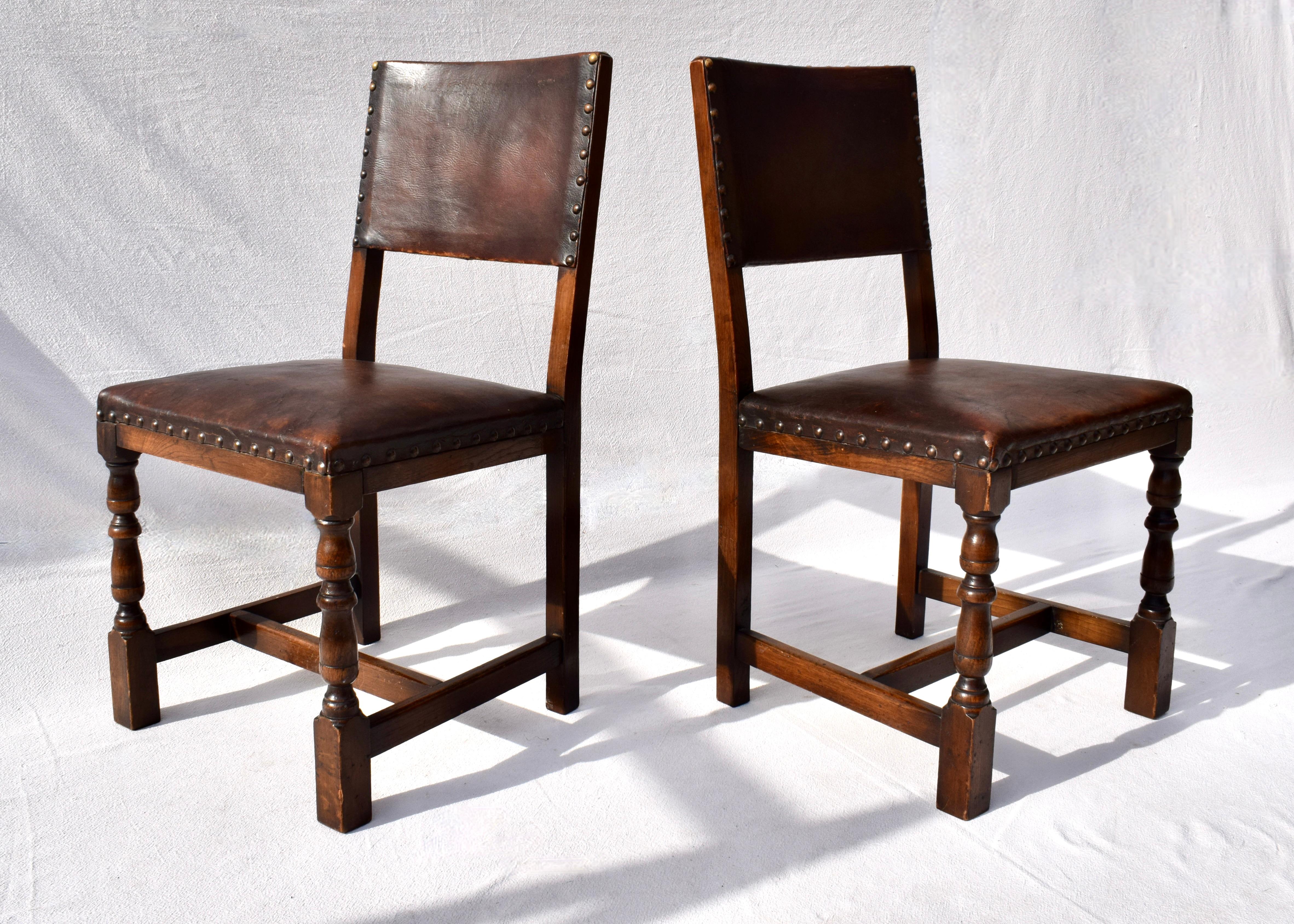 Set of 6 Antique English Oak and Leather Chairs With Brass Fittings 2
