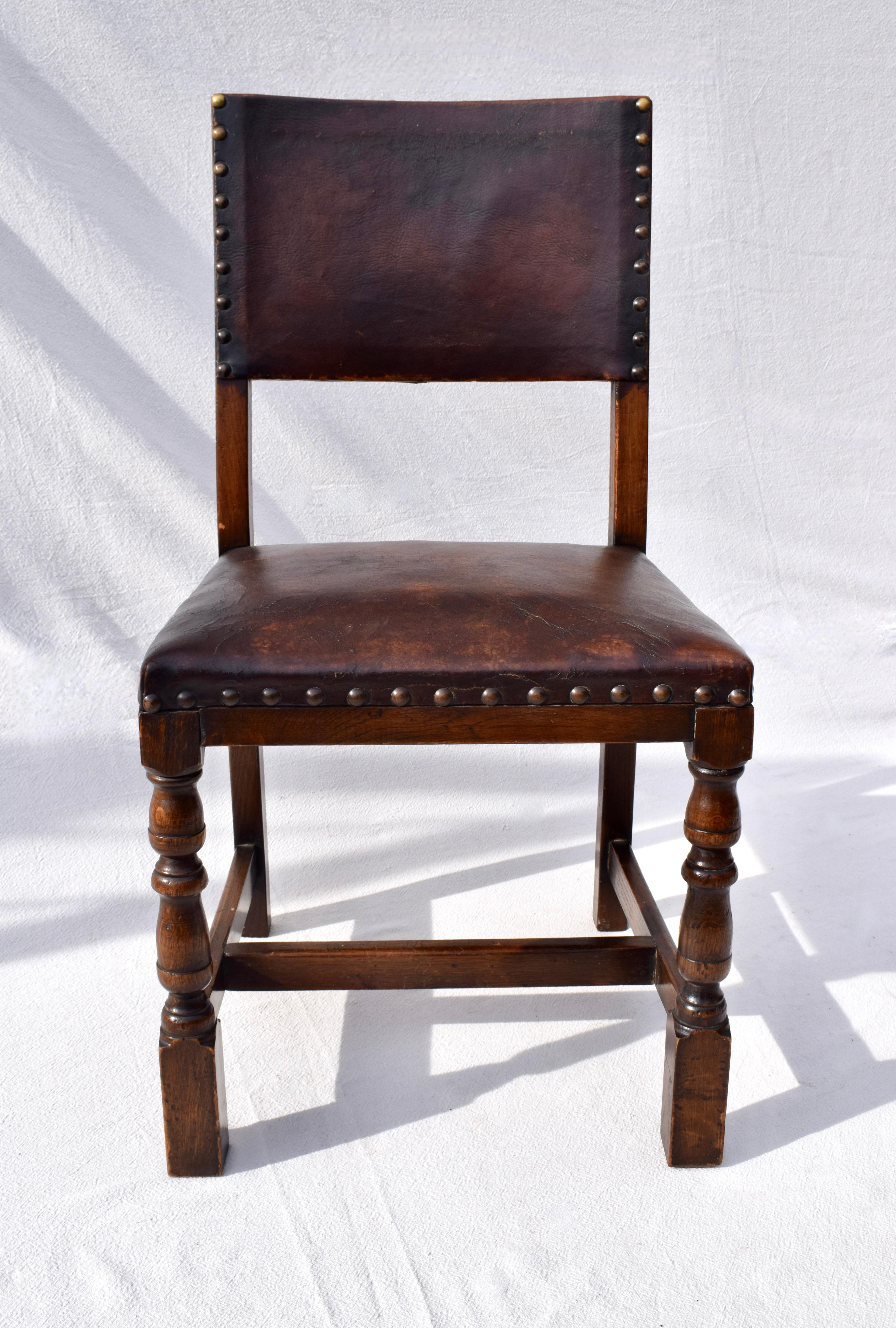 Set of 6 Antique English Oak and Leather Chairs With Brass Fittings 3