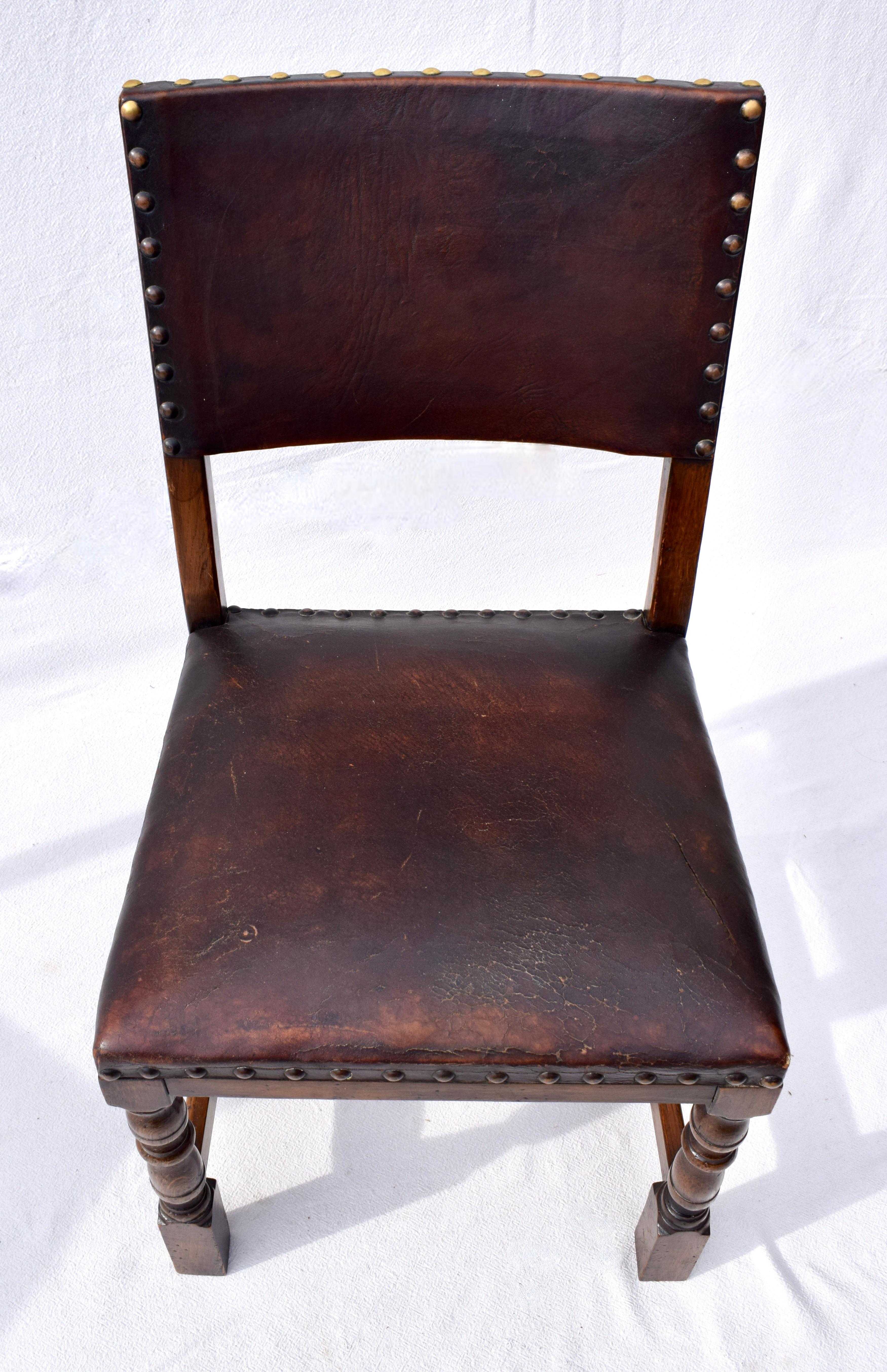 Set of 6 Antique English Oak and Leather Chairs With Brass Fittings 4