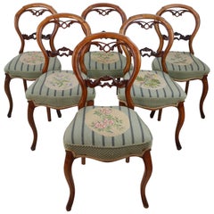 Set of 6 Antique English Victorian Walnut Balloon Back Dining Chairs, circa 1860