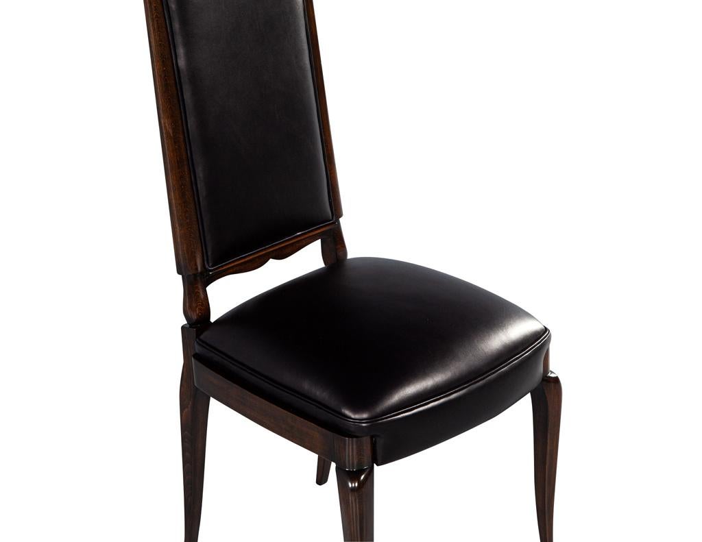 Set of 6 Antique French Art Deco Dining Chairs in Black Leather For Sale 6
