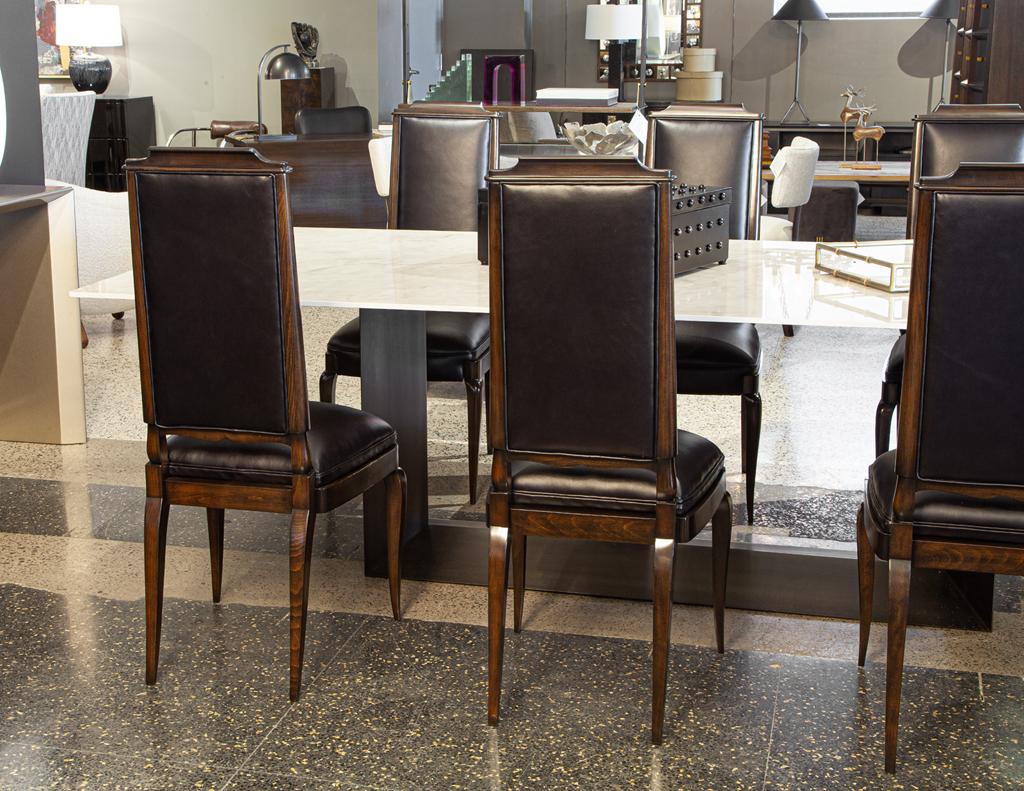 Ensemble de 6 chaises de salle à manger Art Déco françaises antiques en cuir noir en vente 7