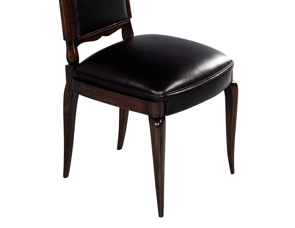 Cuir Ensemble de 6 chaises de salle à manger Art Déco françaises antiques en cuir noir en vente