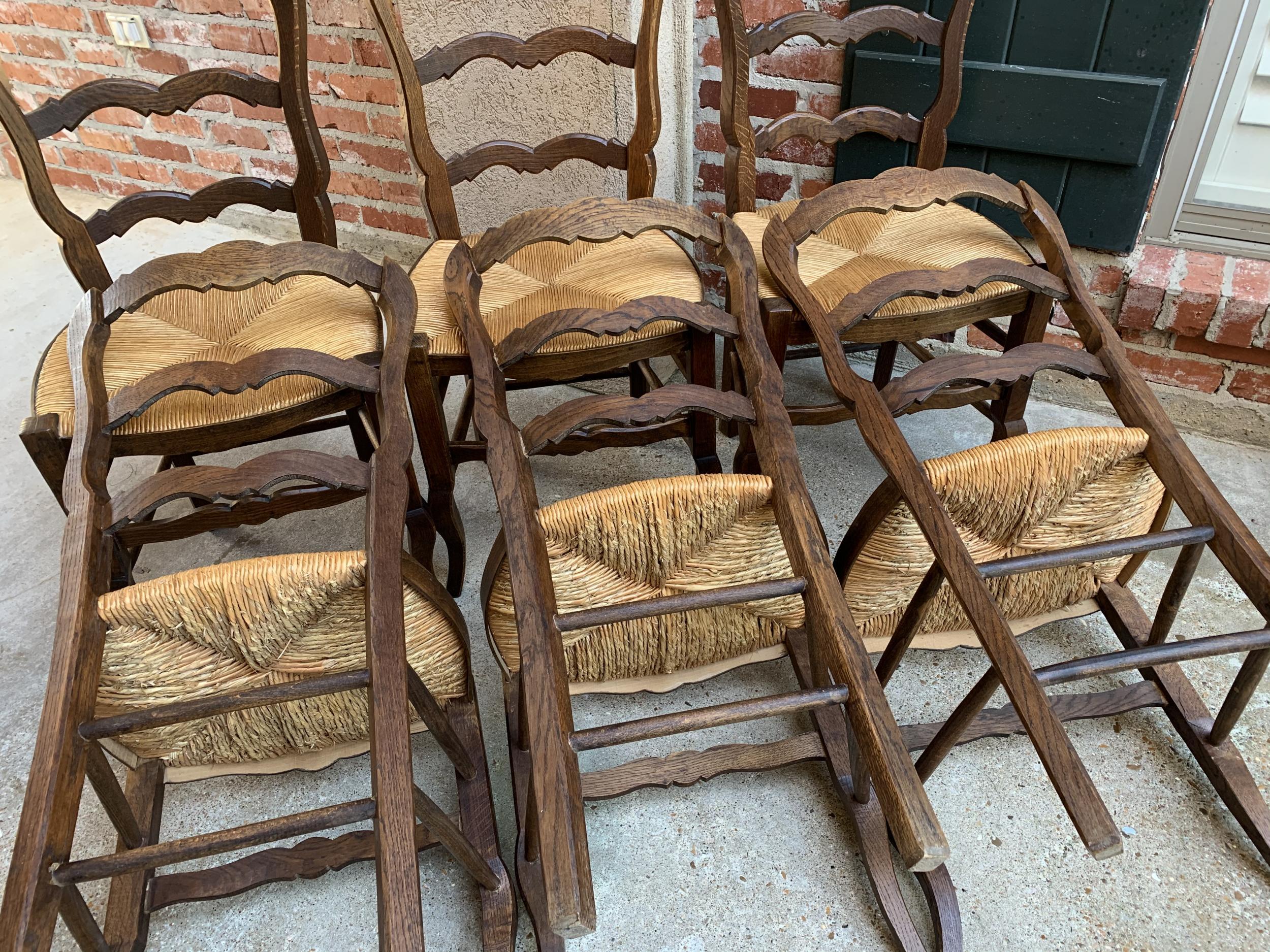 Set of 6 Antique French Carved Dark Oak Ladder Back Dining Chair Rush Seat 6