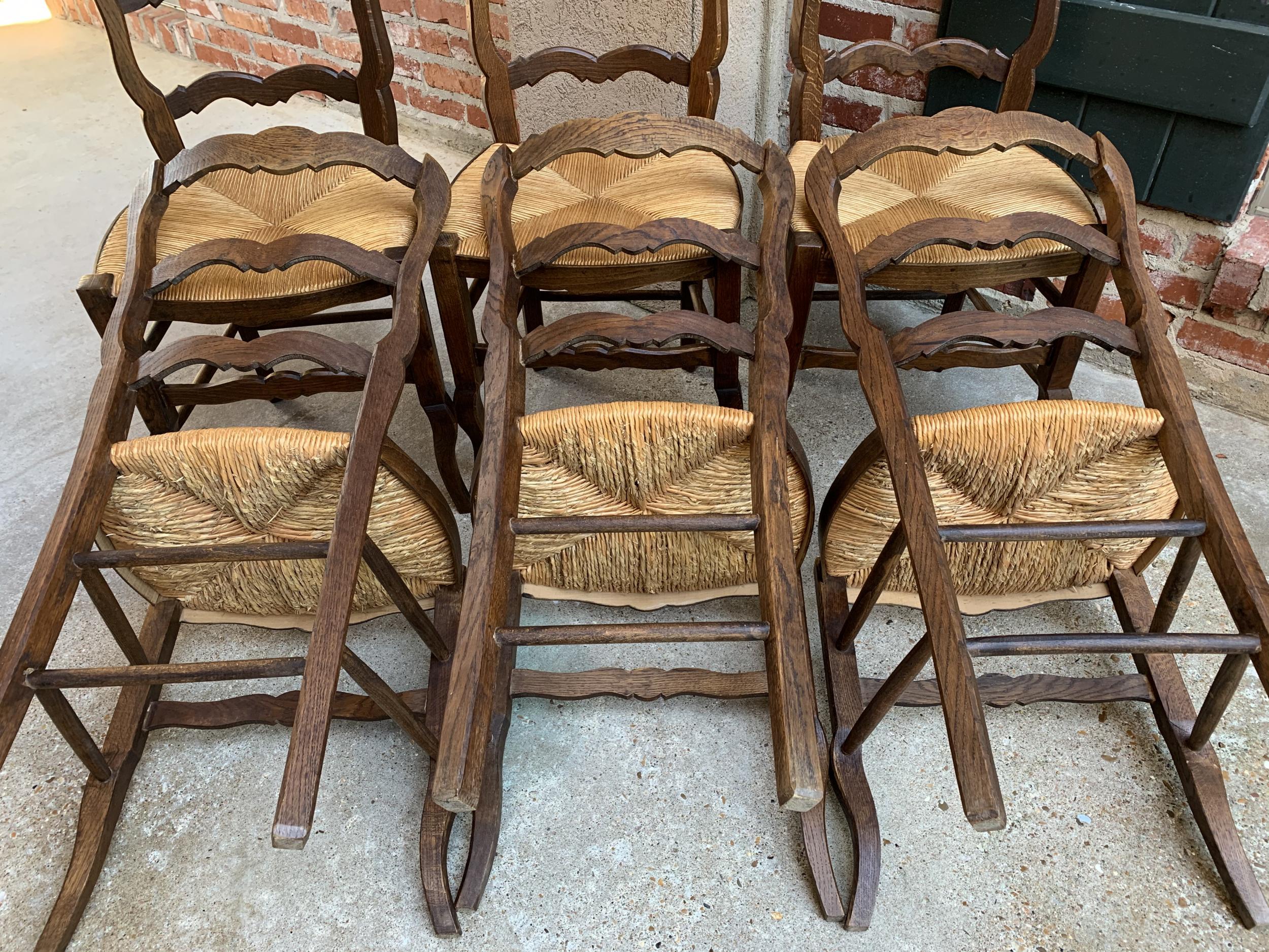 Set of 6 Antique French Carved Dark Oak Ladder Back Dining Chair Rush Seat 7